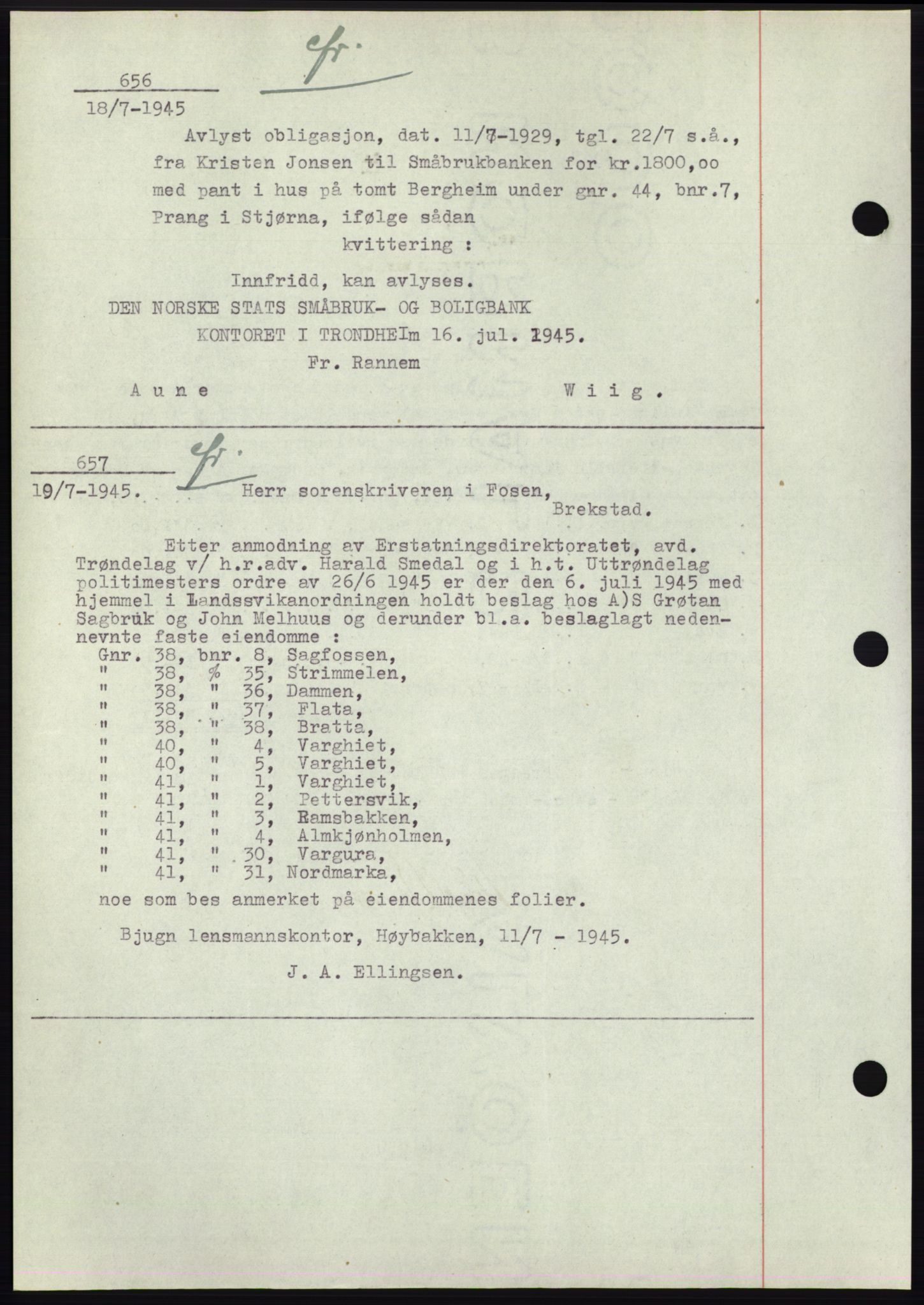 Fosen sorenskriveri, AV/SAT-A-1107/1/2/2C: Pantebok nr. B1, 1943-1946, Dagboknr: 656/1945