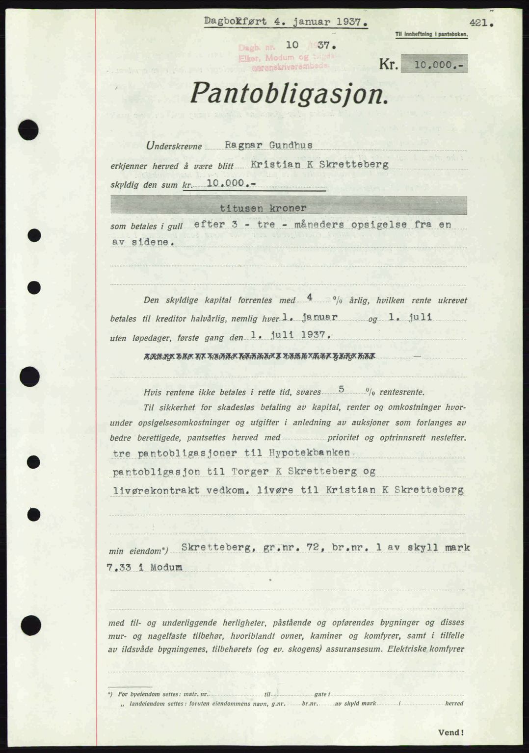 Eiker, Modum og Sigdal sorenskriveri, SAKO/A-123/G/Ga/Gab/L0034: Pantebok nr. A4, 1936-1937, Dagboknr: 10/1937