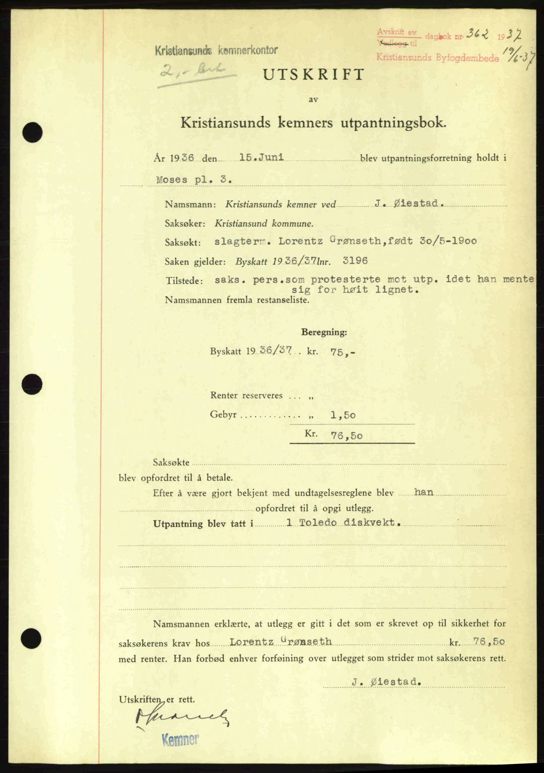 Kristiansund byfogd, SAT/A-4587/A/27: Pantebok nr. 29, 1936-1937, Dagboknr: 362/1937