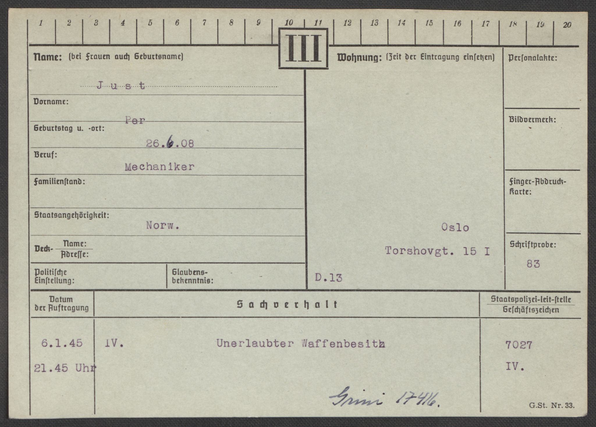 Befehlshaber der Sicherheitspolizei und des SD, AV/RA-RAFA-5969/E/Ea/Eaa/L0005: Register over norske fanger i Møllergata 19: Hø-Kj, 1940-1945, s. 1065