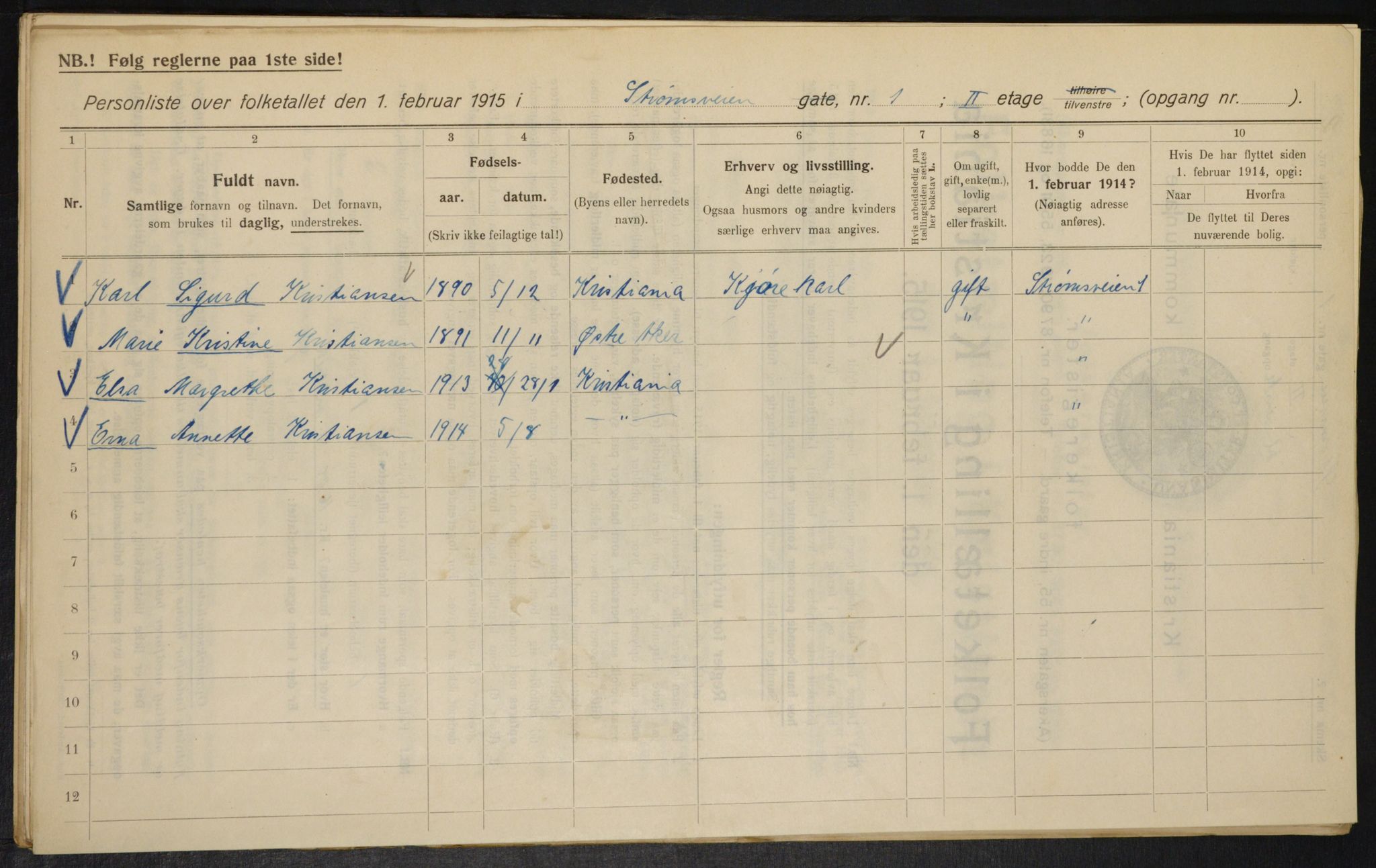 OBA, Kommunal folketelling 1.2.1915 for Kristiania, 1915, s. 104119