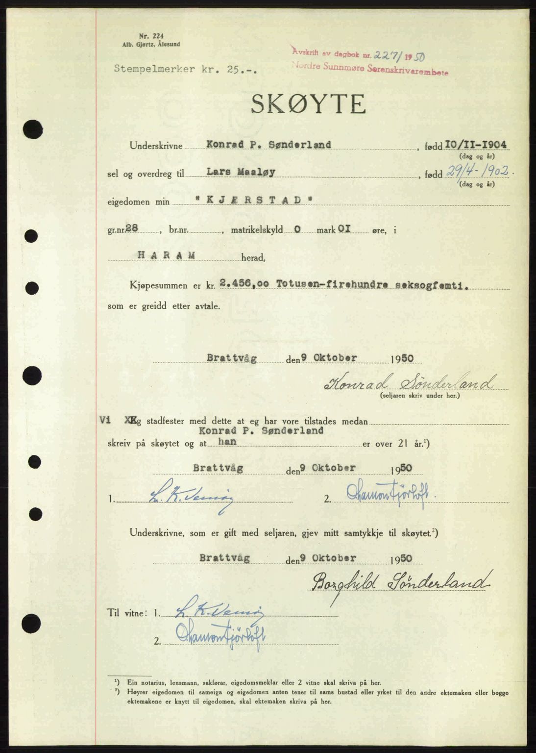 Nordre Sunnmøre sorenskriveri, SAT/A-0006/1/2/2C/2Ca: Pantebok nr. A36, 1950-1950, Dagboknr: 2271/1950