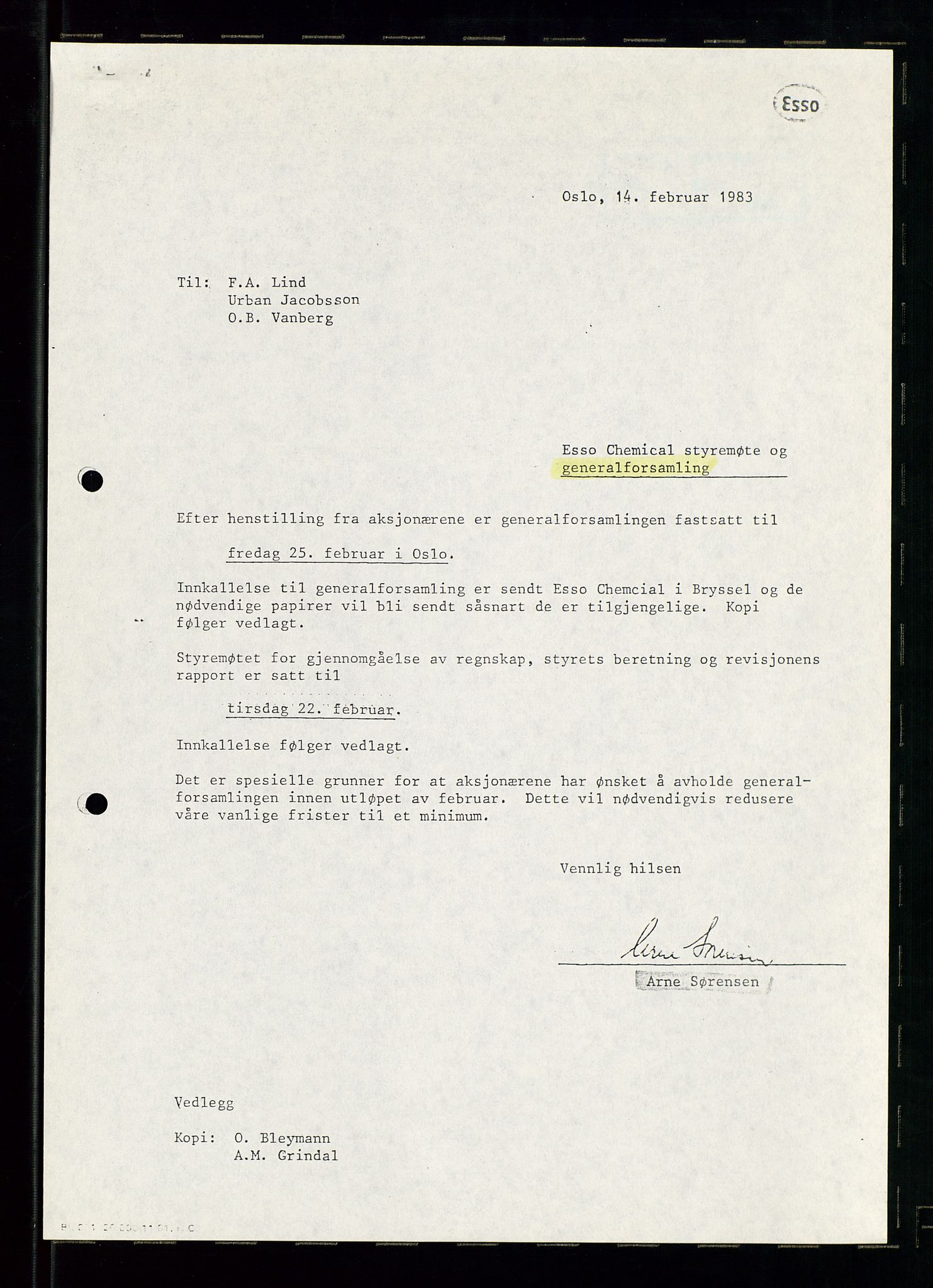 PA 1538 - Exxon Chemical Norge A/S, AV/SAST-A-101958/A/Aa/L0001/0004: Generalforsamlinger og styreprotokoller / Board meetings (styremøter), Generalforsamlinger, Shareholder meetings (aksjonærmøter), 1983-1984