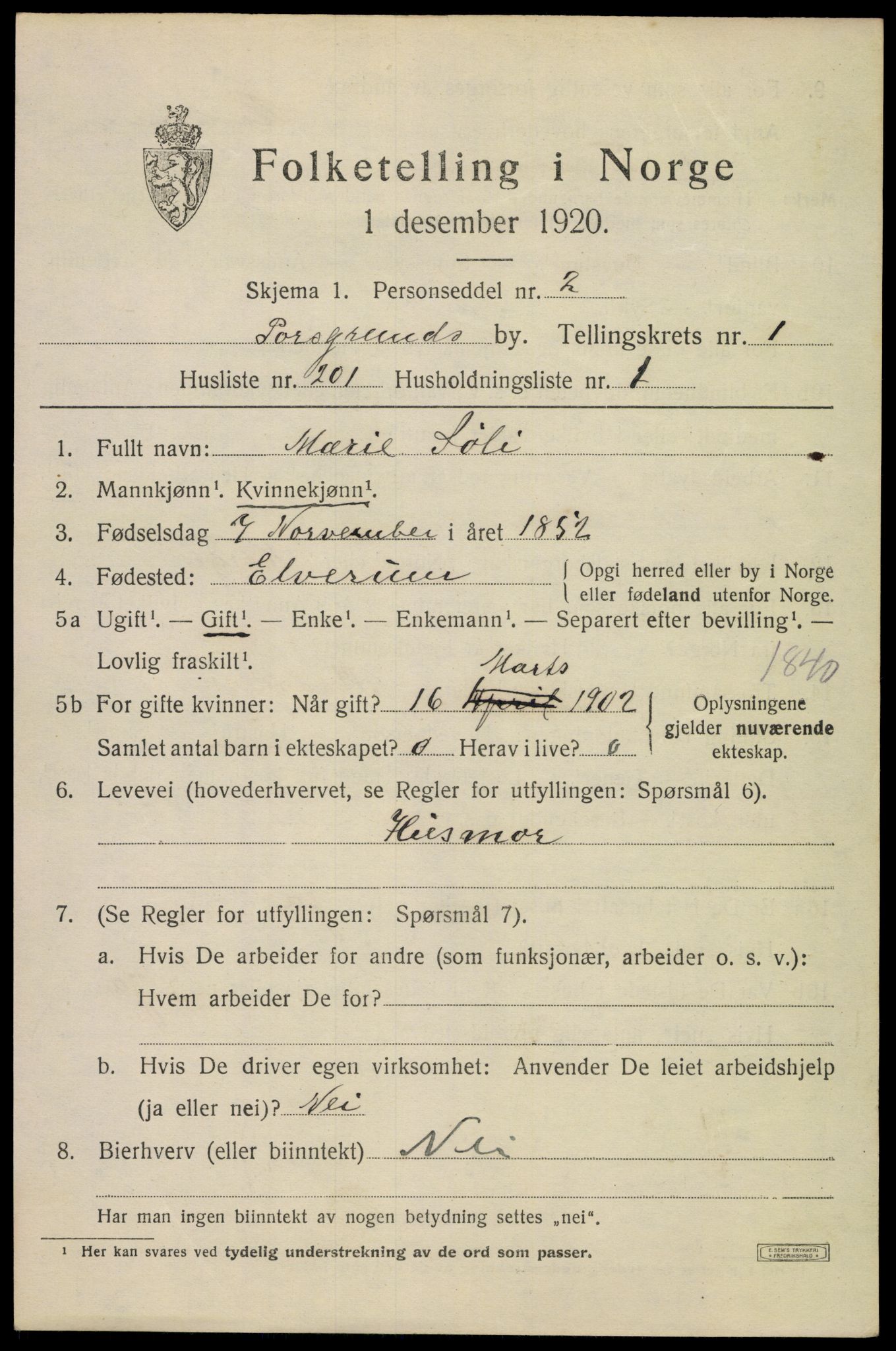 SAKO, Folketelling 1920 for 0805 Porsgrunn kjøpstad, 1920, s. 9407