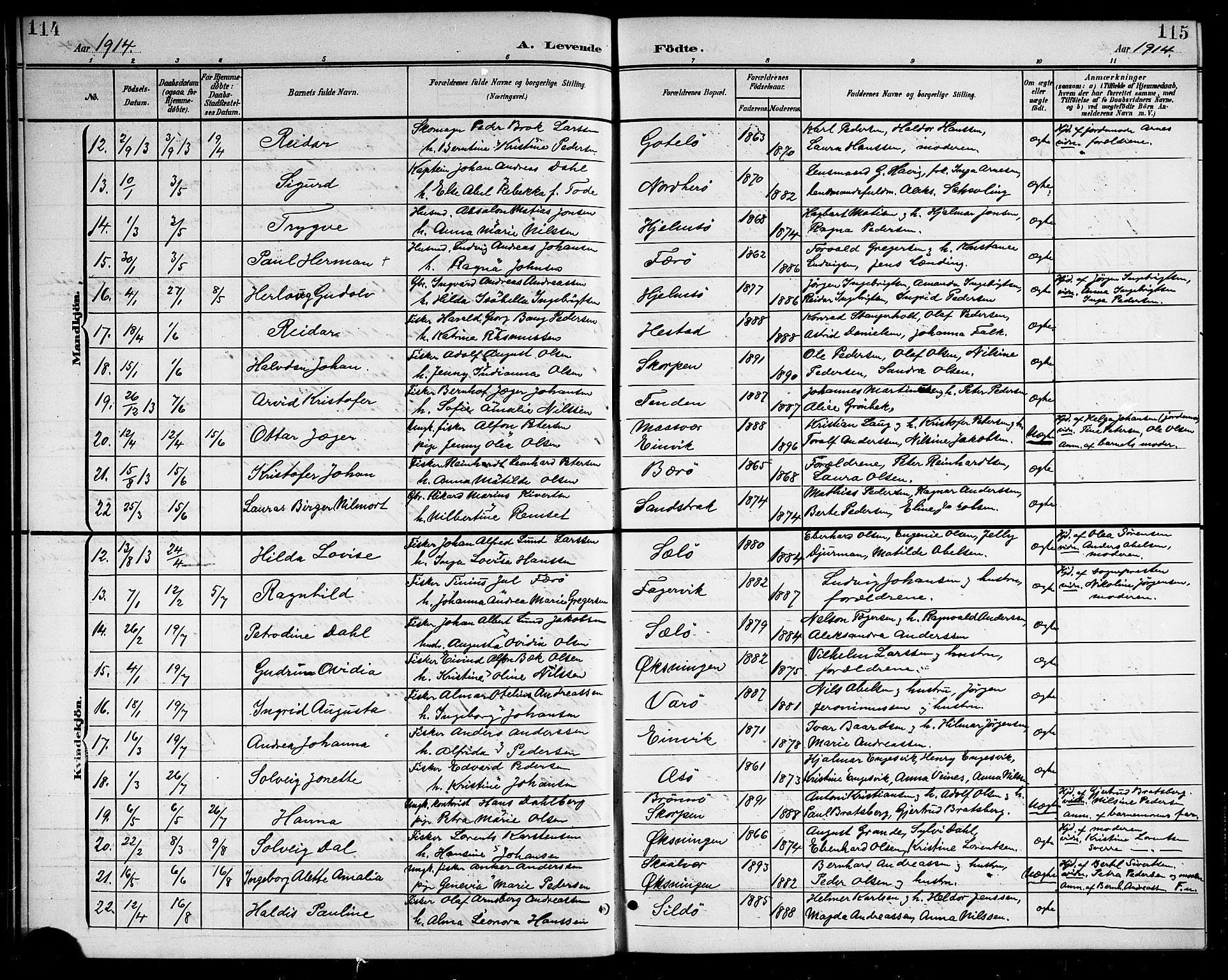 Ministerialprotokoller, klokkerbøker og fødselsregistre - Nordland, AV/SAT-A-1459/834/L0516: Klokkerbok nr. 834C06, 1902-1918, s. 114-115