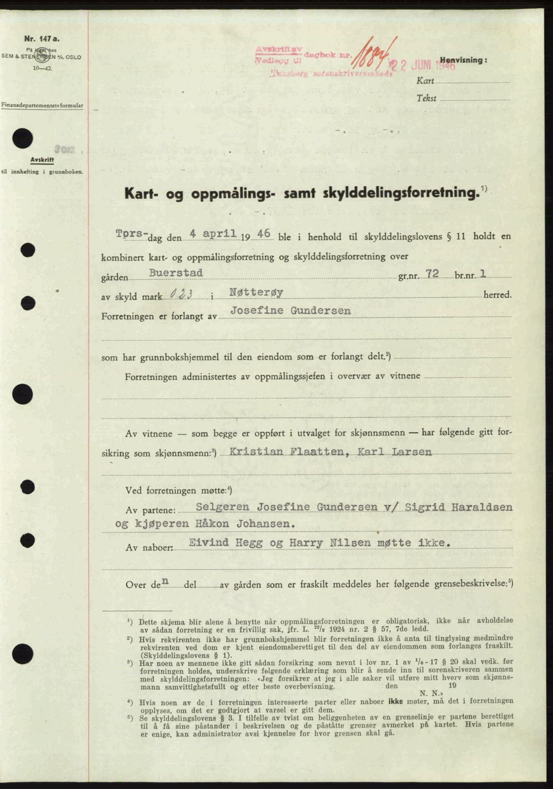 Tønsberg sorenskriveri, SAKO/A-130/G/Ga/Gaa/L0019: Pantebok nr. A19, 1946-1946, Dagboknr: 1884/1946
