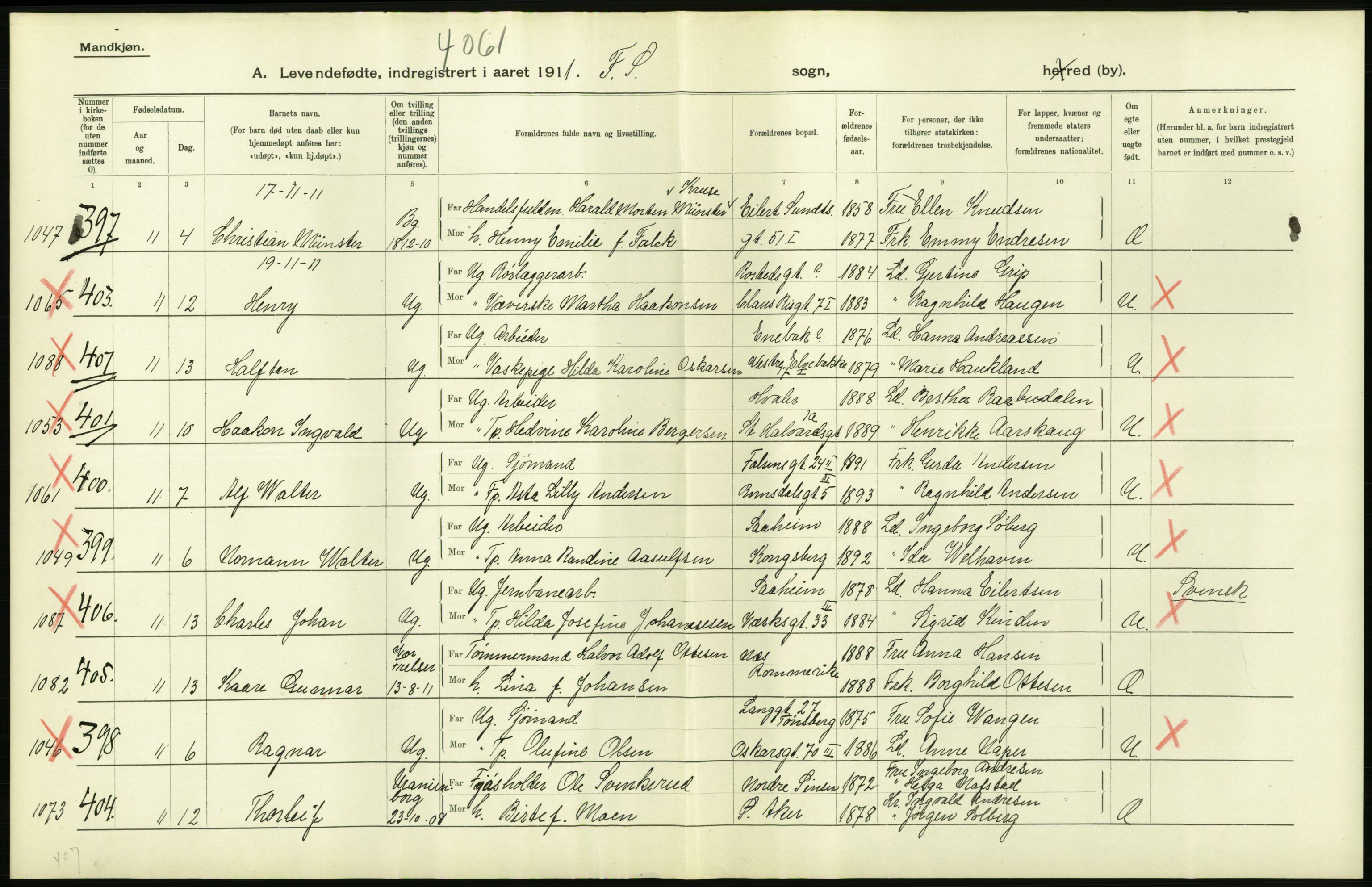 Statistisk sentralbyrå, Sosiodemografiske emner, Befolkning, AV/RA-S-2228/D/Df/Dfb/Dfba/L0006: Kristiania: Levendefødte menn., 1911, s. 426