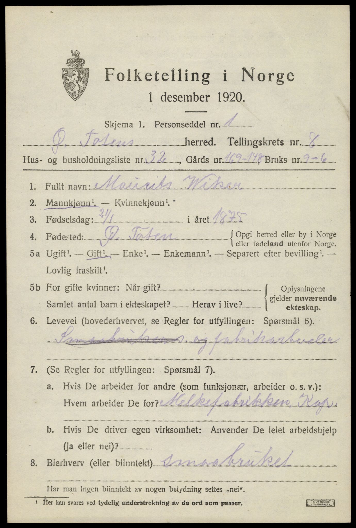 SAH, Folketelling 1920 for 0528 Østre Toten herred, 1920, s. 16346