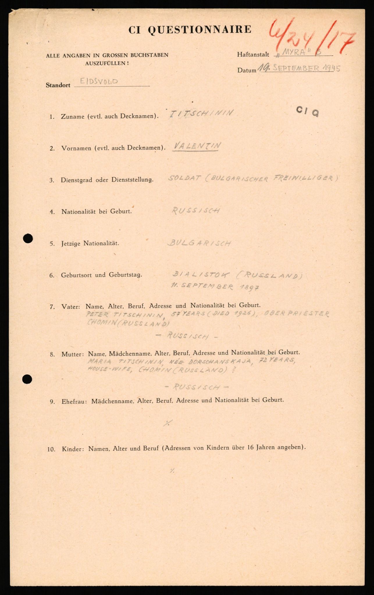Forsvaret, Forsvarets overkommando II, AV/RA-RAFA-3915/D/Db/L0041: CI Questionaires.  Diverse nasjonaliteter., 1945-1946, s. 12
