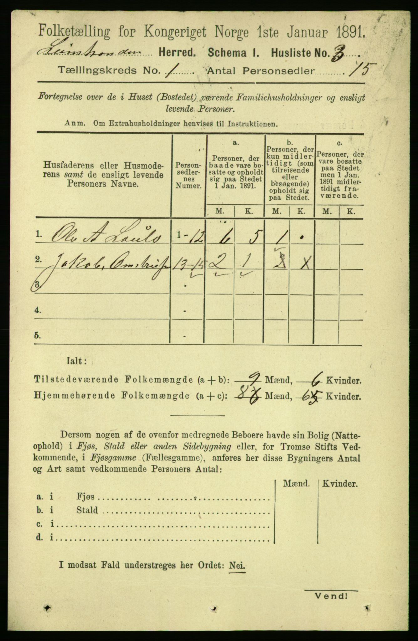 RA, Folketelling 1891 for 1654 Leinstrand herred, 1891, s. 15