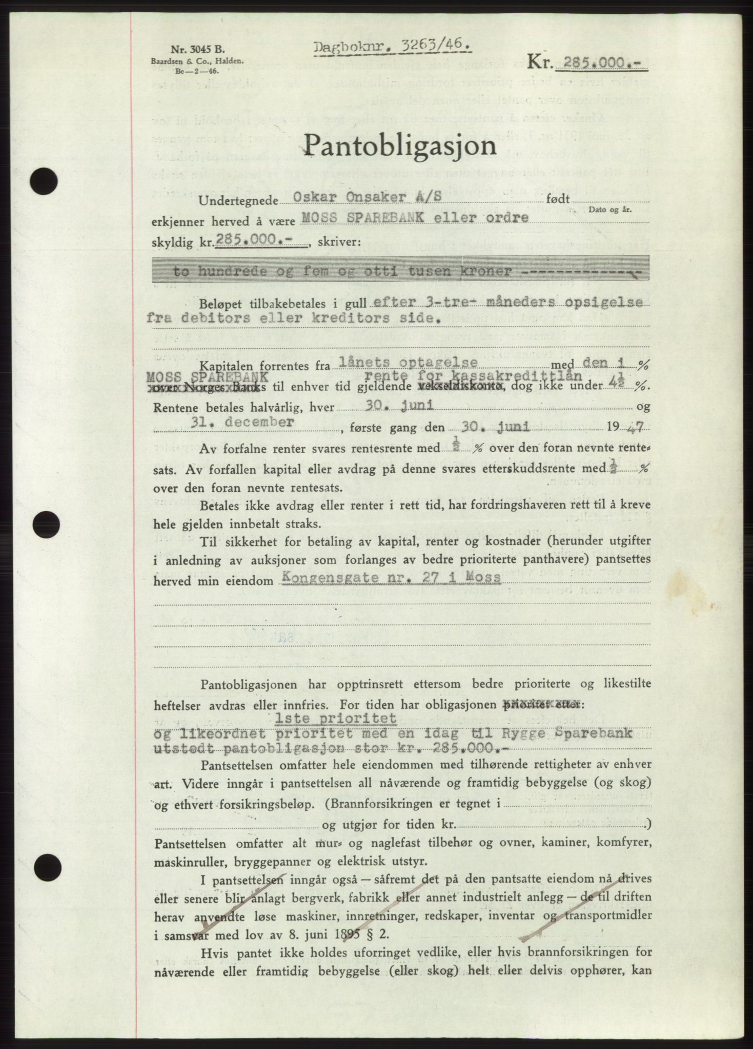 Moss sorenskriveri, SAO/A-10168: Pantebok nr. B16, 1946-1947, Dagboknr: 3263/1946
