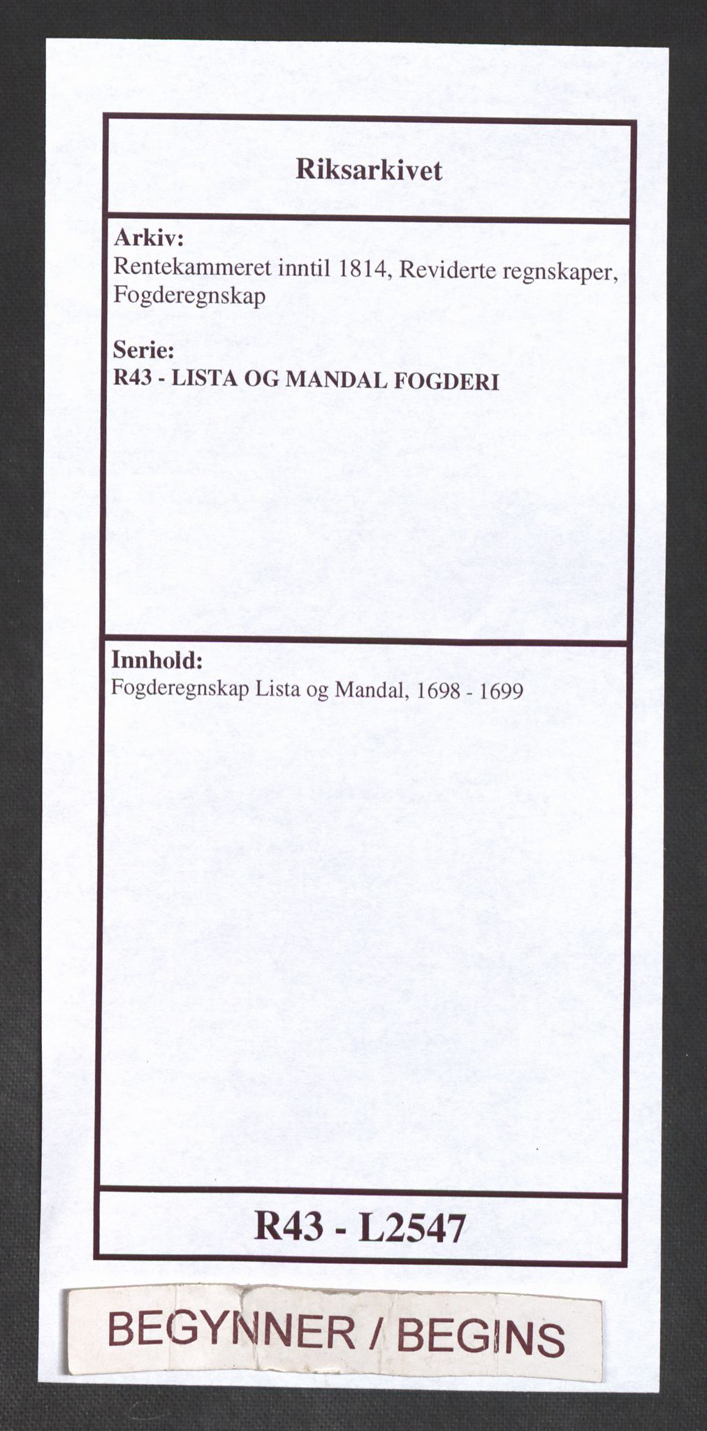 Rentekammeret inntil 1814, Reviderte regnskaper, Fogderegnskap, RA/EA-4092/R43/L2547: Fogderegnskap Lista og Mandal, 1698-1699, s. 1