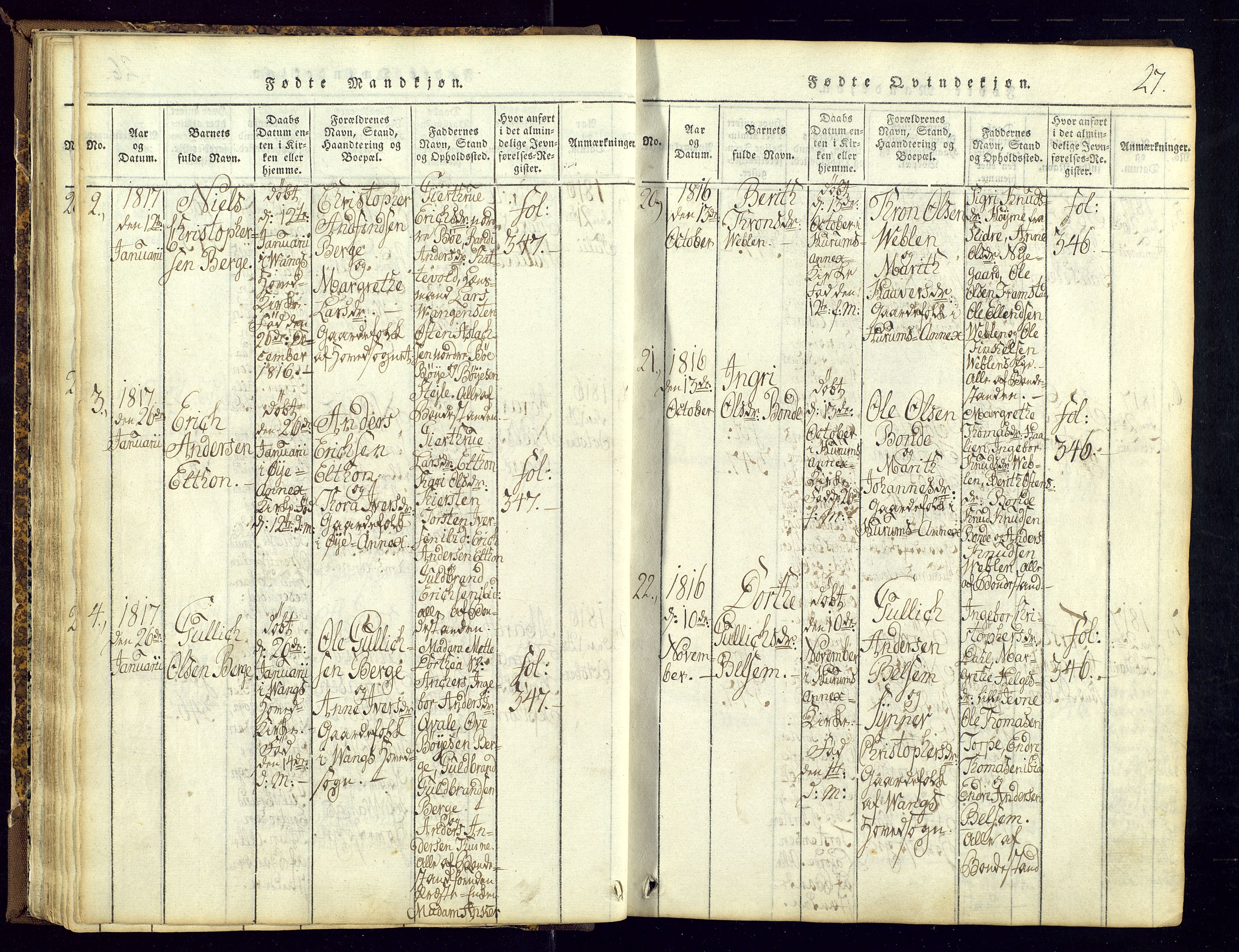 Vang prestekontor, Valdres, AV/SAH-PREST-140/H/Ha/L0004: Ministerialbok nr. 4, 1814-1831, s. 27