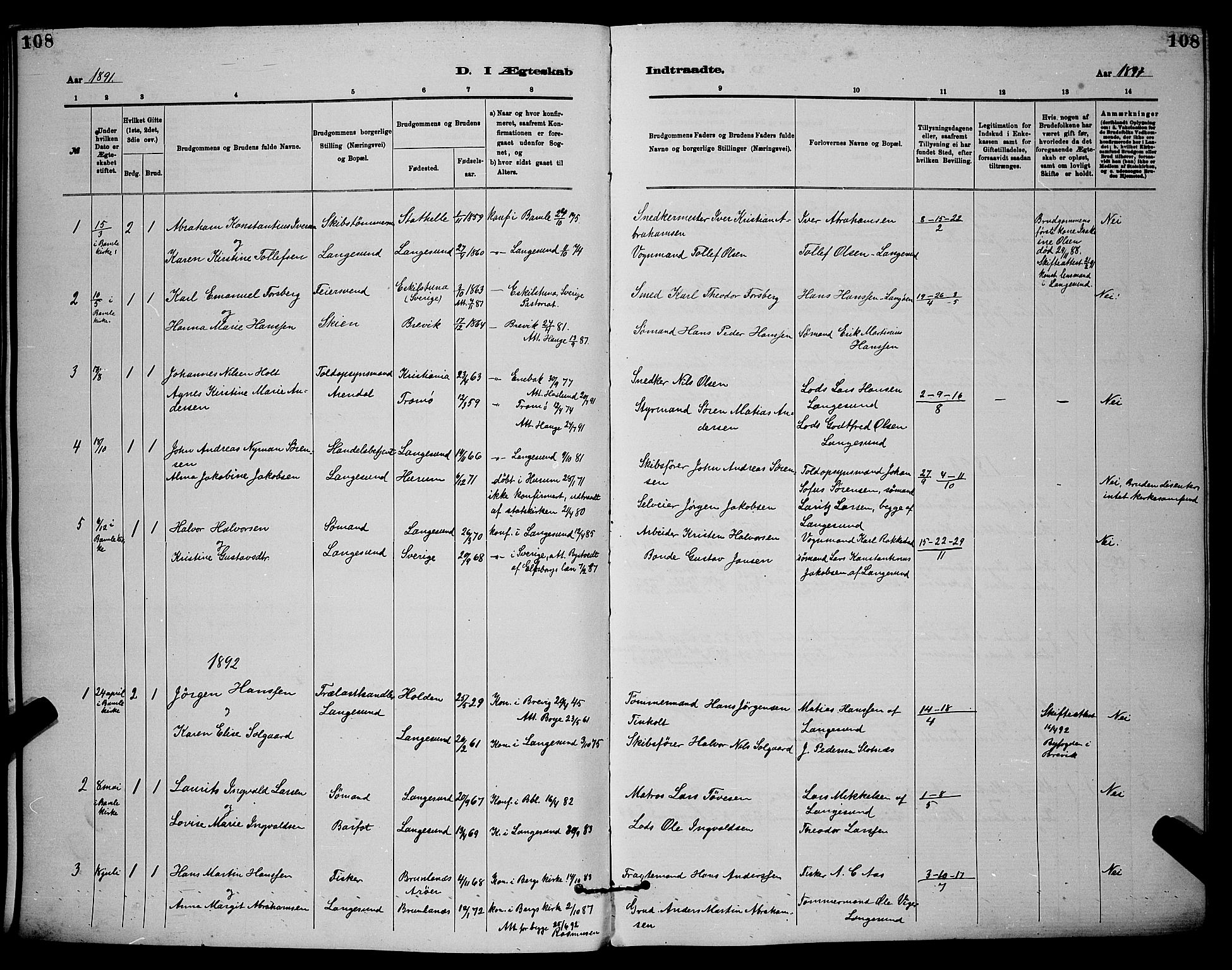 Langesund kirkebøker, AV/SAKO-A-280/G/Ga/L0005: Klokkerbok nr. 5, 1884-1898, s. 108