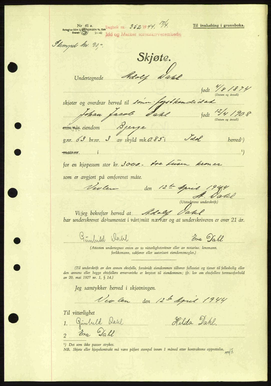 Idd og Marker sorenskriveri, AV/SAO-A-10283/G/Gb/Gbb/L0006: Pantebok nr. A6, 1943-1944, Dagboknr: 352/1944