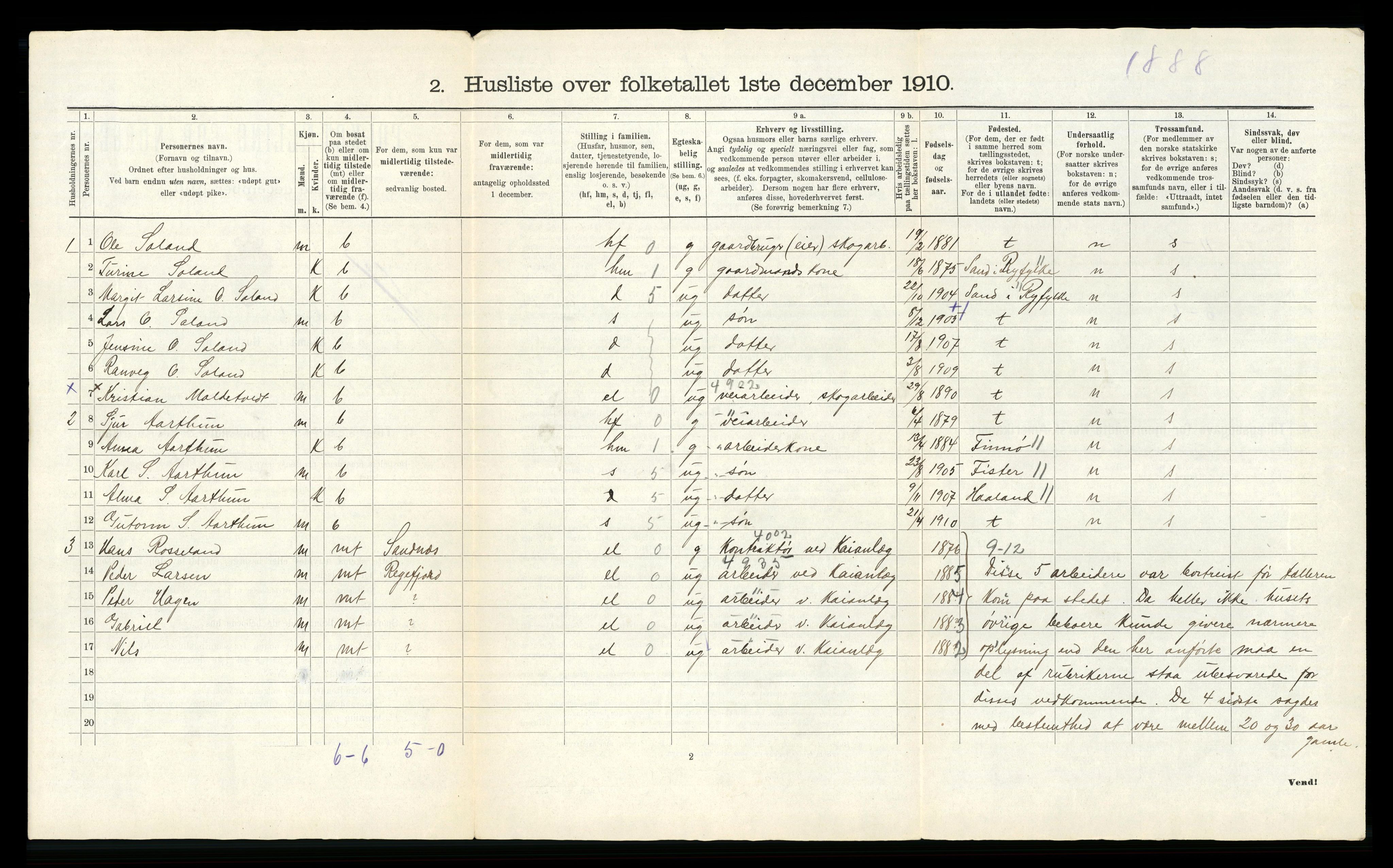 RA, Folketelling 1910 for 1135 Sauda herred, 1910, s. 39