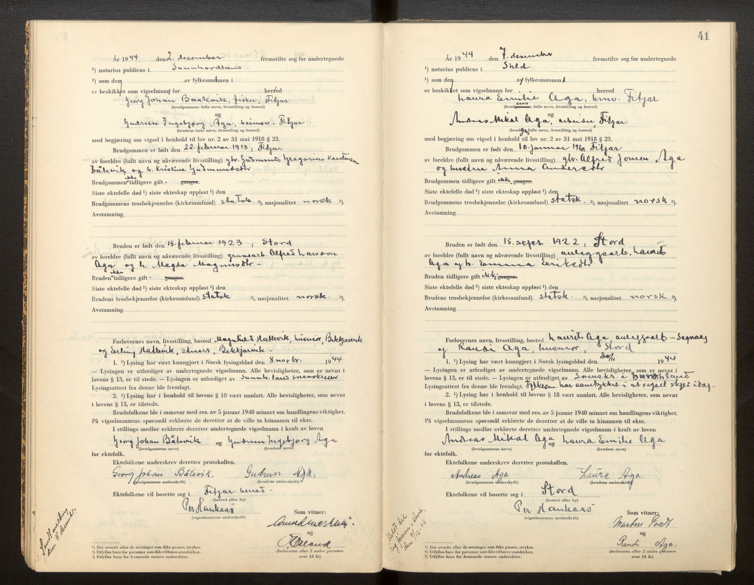 Sunnhordland sorenskrivar, AV/SAB-A-2401/2/I/Ia/L0002: Vigselsbok, 1943-1969, s. 40b-41a