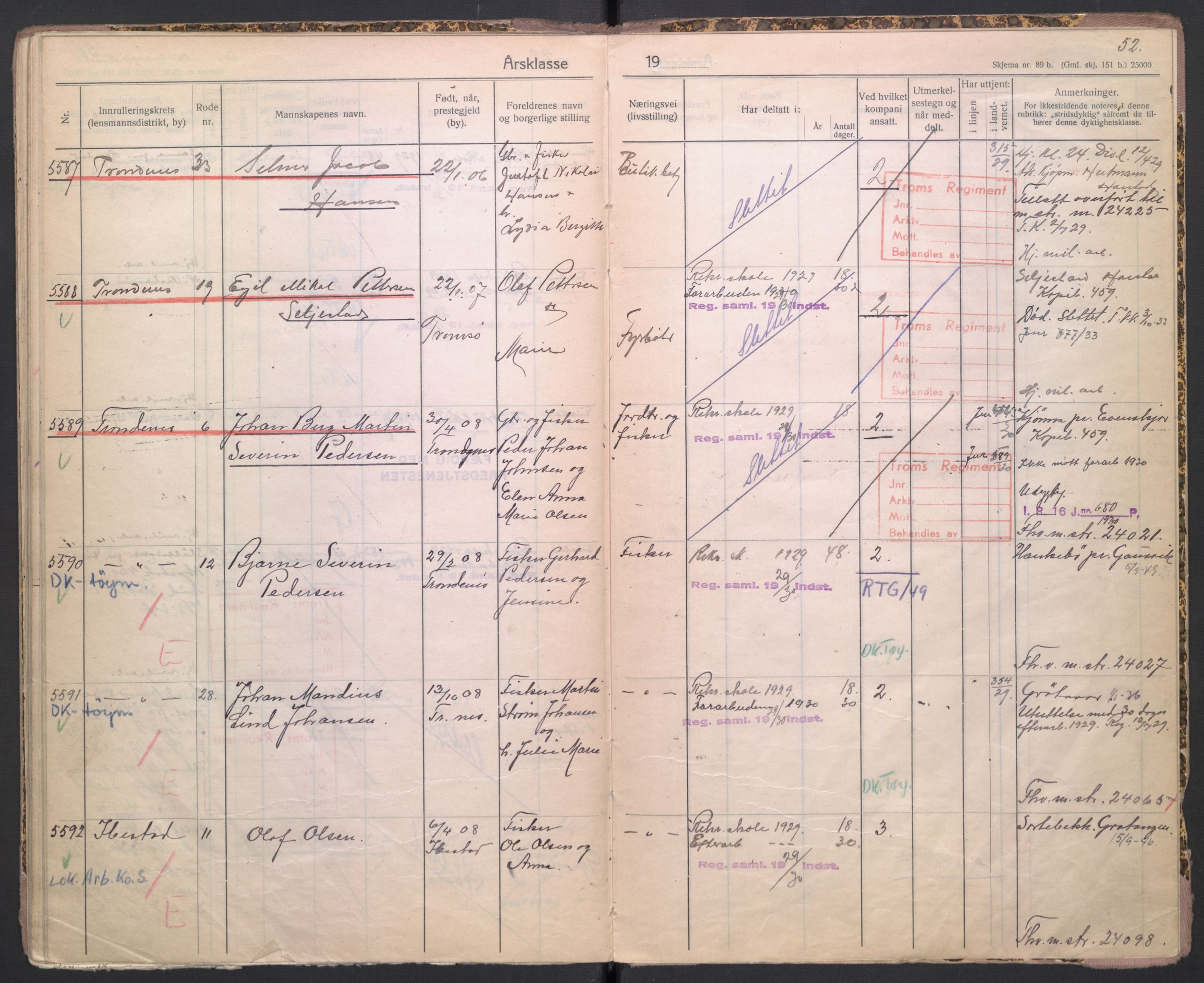 Forsvaret, Troms infanteriregiment nr. 16, AV/RA-RAFA-3146/P/Pa/L0004/0009: Ruller / Rulle for Trondenes bataljons menige mannskaper, årsklasse 1929, 1929, s. 52