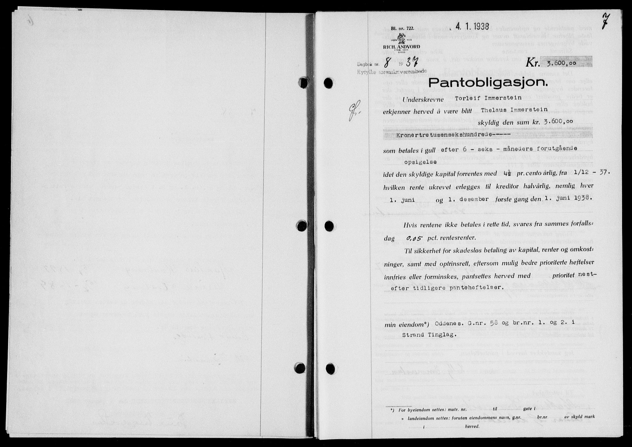 Ryfylke tingrett, SAST/A-100055/001/II/IIB/L0077: Pantebok nr. 56, 1938-1938, Dagboknr: 8/1938
