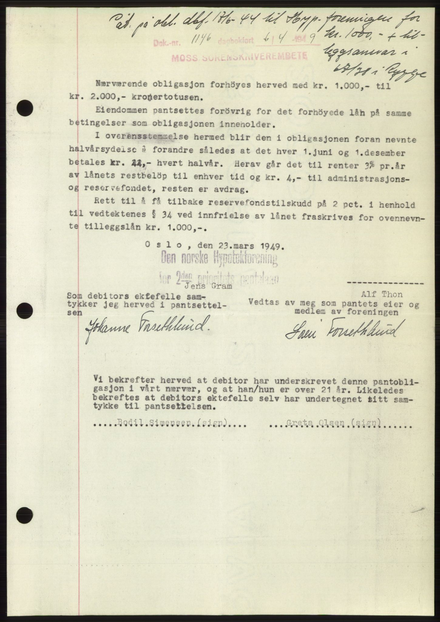 Moss sorenskriveri, SAO/A-10168: Pantebok nr. B21, 1949-1949, Dagboknr: 1146/1949