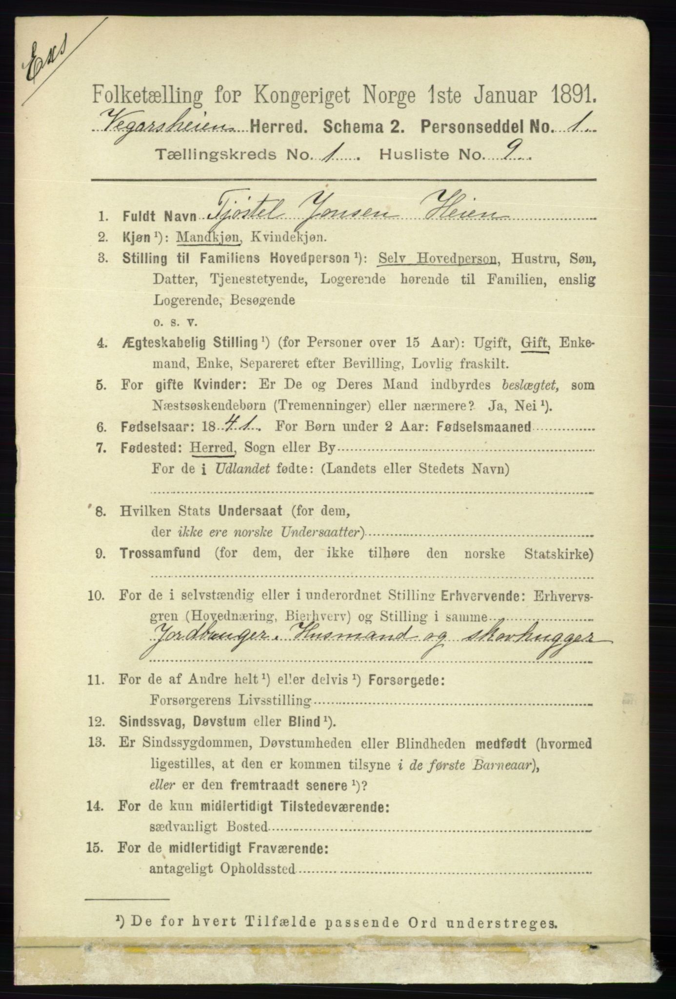 RA, Folketelling 1891 for Nedenes amt: Gjenparter av personsedler for beslektede ektefeller, menn, 1891, s. 2
