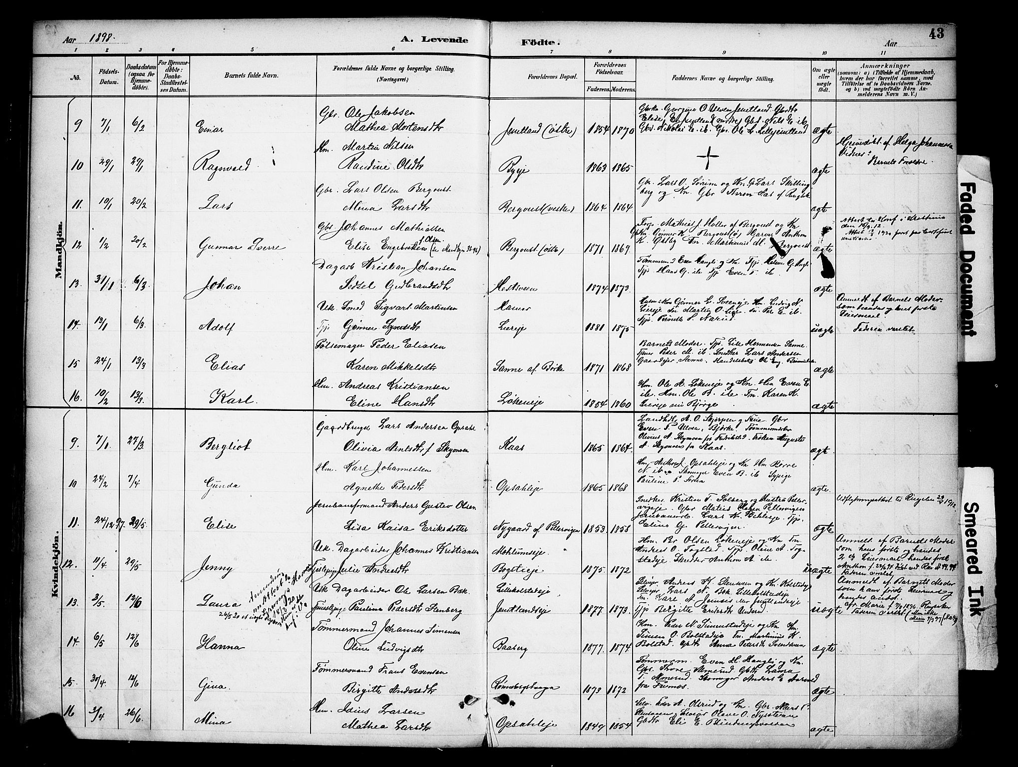 Ringsaker prestekontor, AV/SAH-PREST-014/K/Ka/L0016: Ministerialbok nr. 16, 1891-1904, s. 43