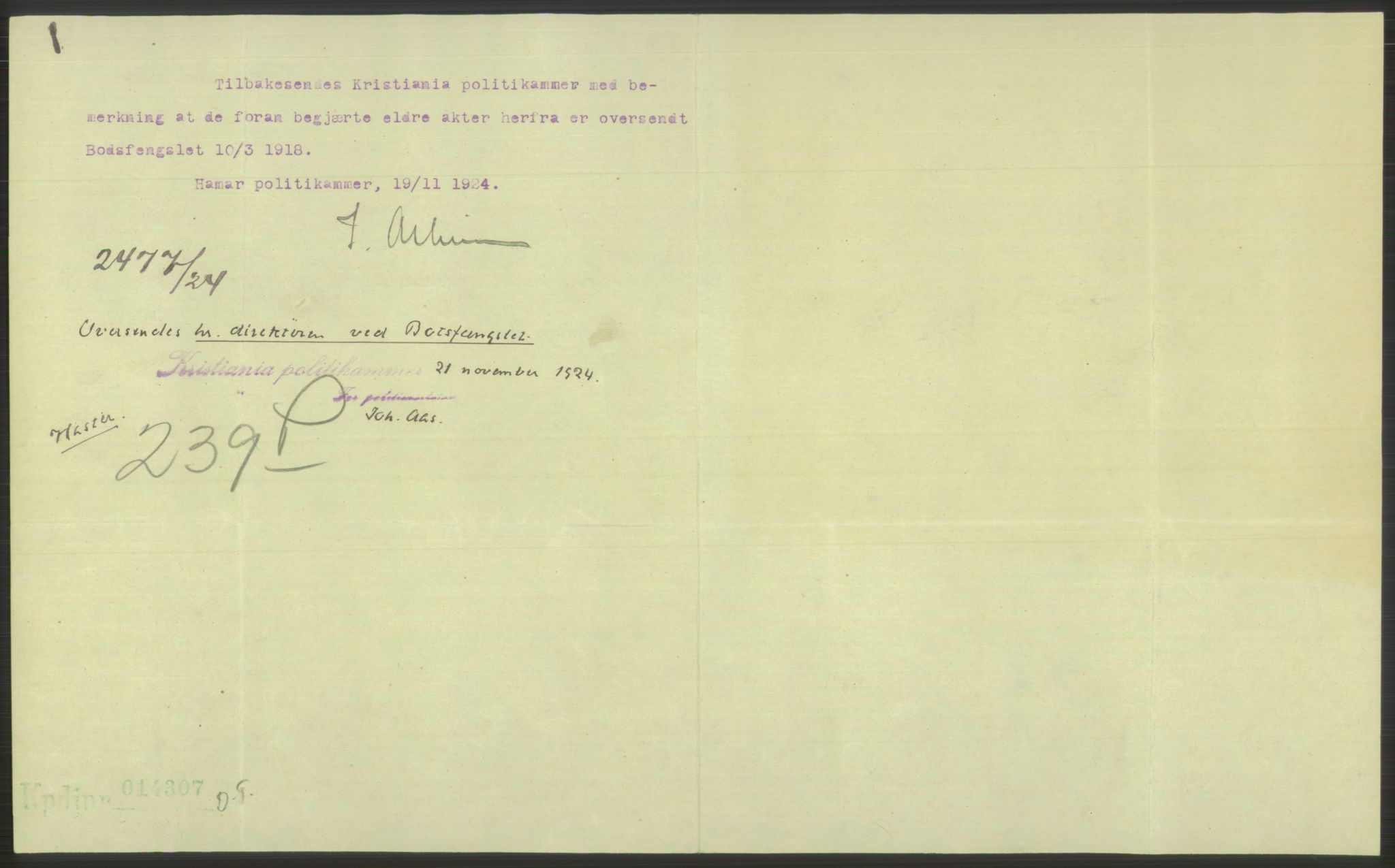 Botsfengslet, AV/RA-S-1539/D/Dn/L0405/0029: Domsakter nr. 211p - 243p / Domsakt nr. 239p - Gumal Alexander Hjort, f. 1.6.1843, 1918, s. 8