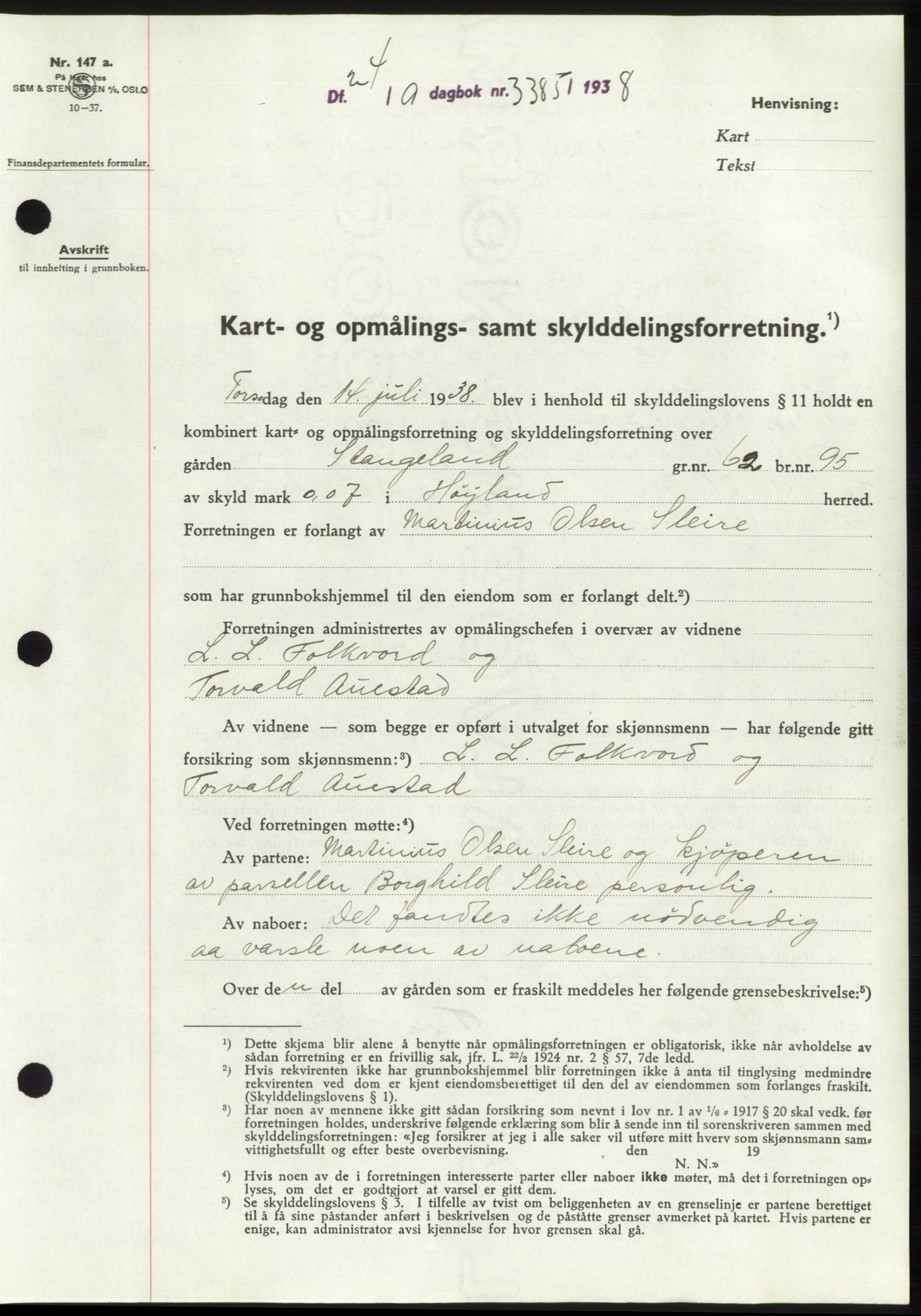Jæren sorenskriveri, SAST/A-100310/03/G/Gba/L0072: Pantebok, 1938-1938, Dagboknr: 3385/1938