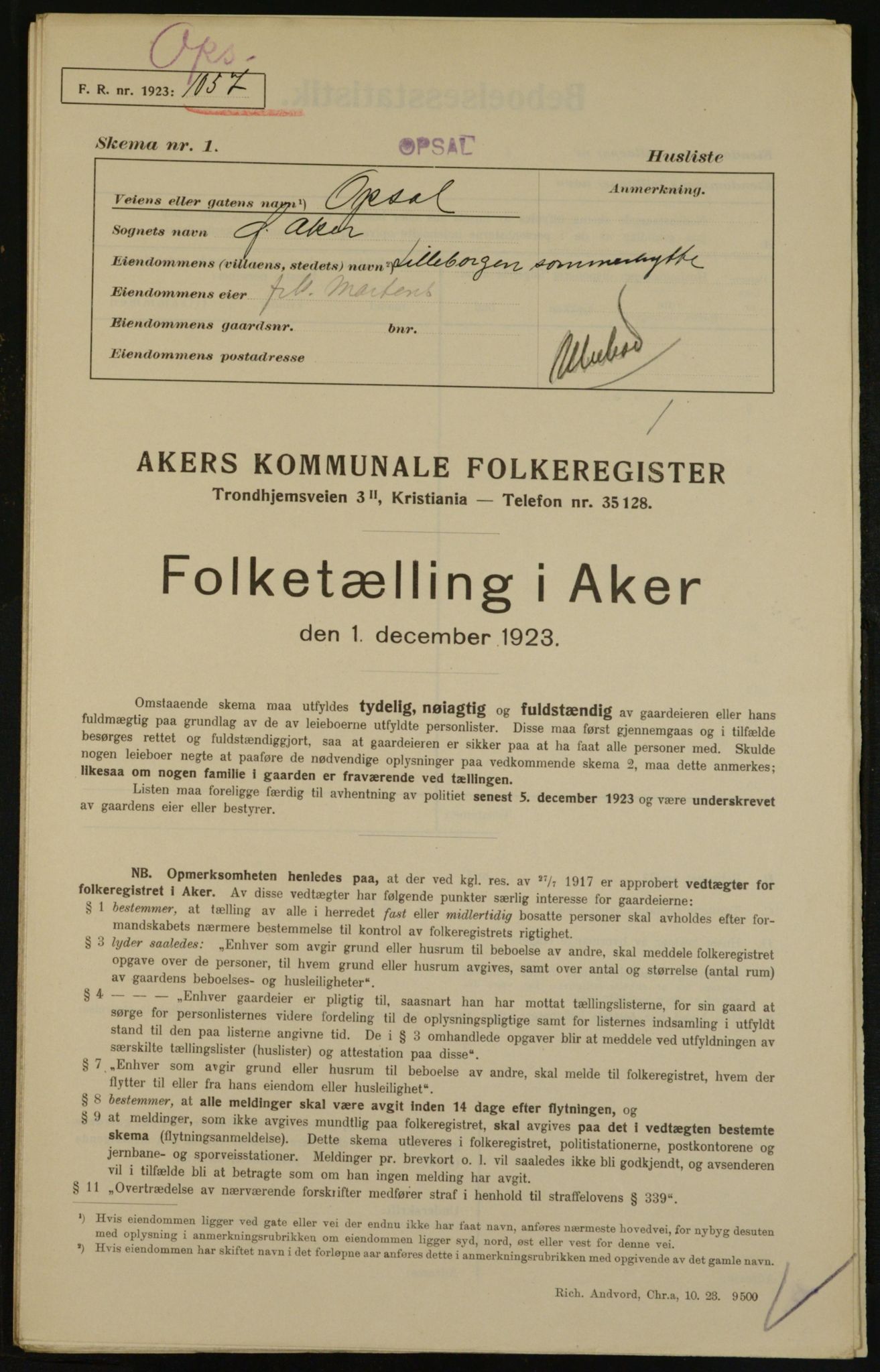 , Kommunal folketelling 1.12.1923 for Aker, 1923, s. 29258