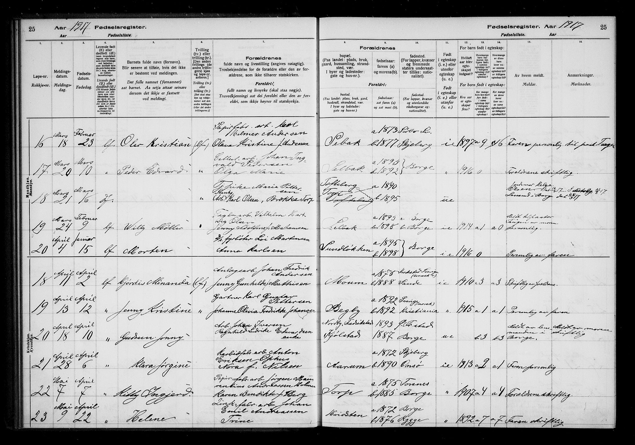 Borge prestekontor Kirkebøker, AV/SAO-A-10903/J/Ja/L0001: Fødselsregister nr. I 1, 1916-1925, s. 25