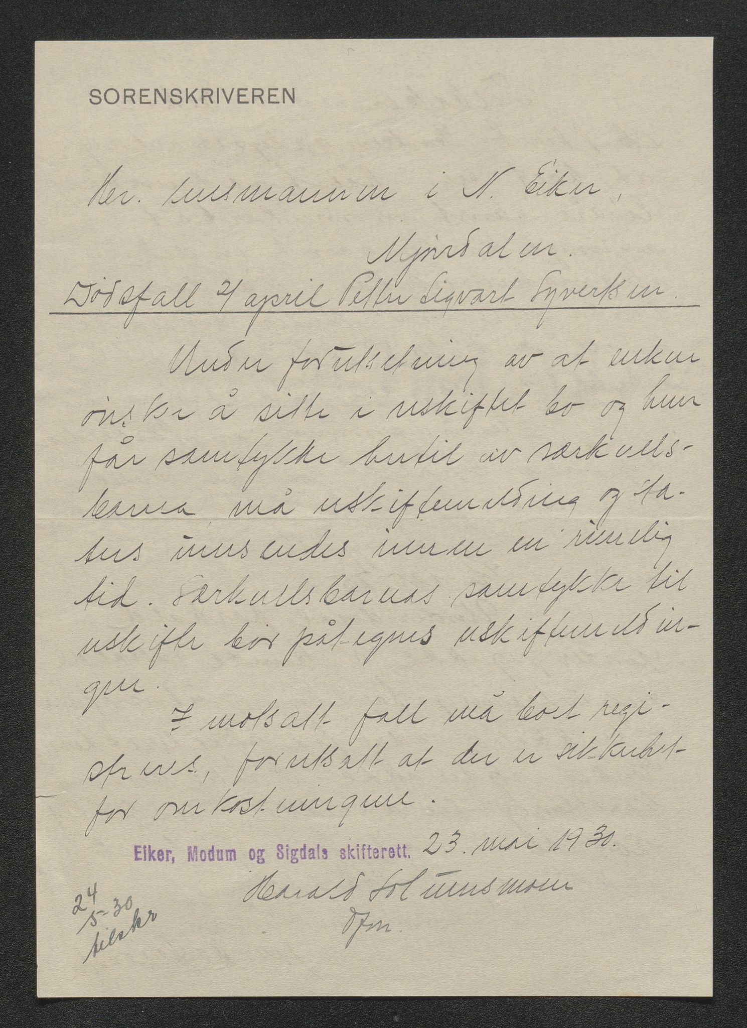 Eiker, Modum og Sigdal sorenskriveri, AV/SAKO-A-123/H/Ha/Hab/L0046: Dødsfallsmeldinger, 1930-1931, s. 191
