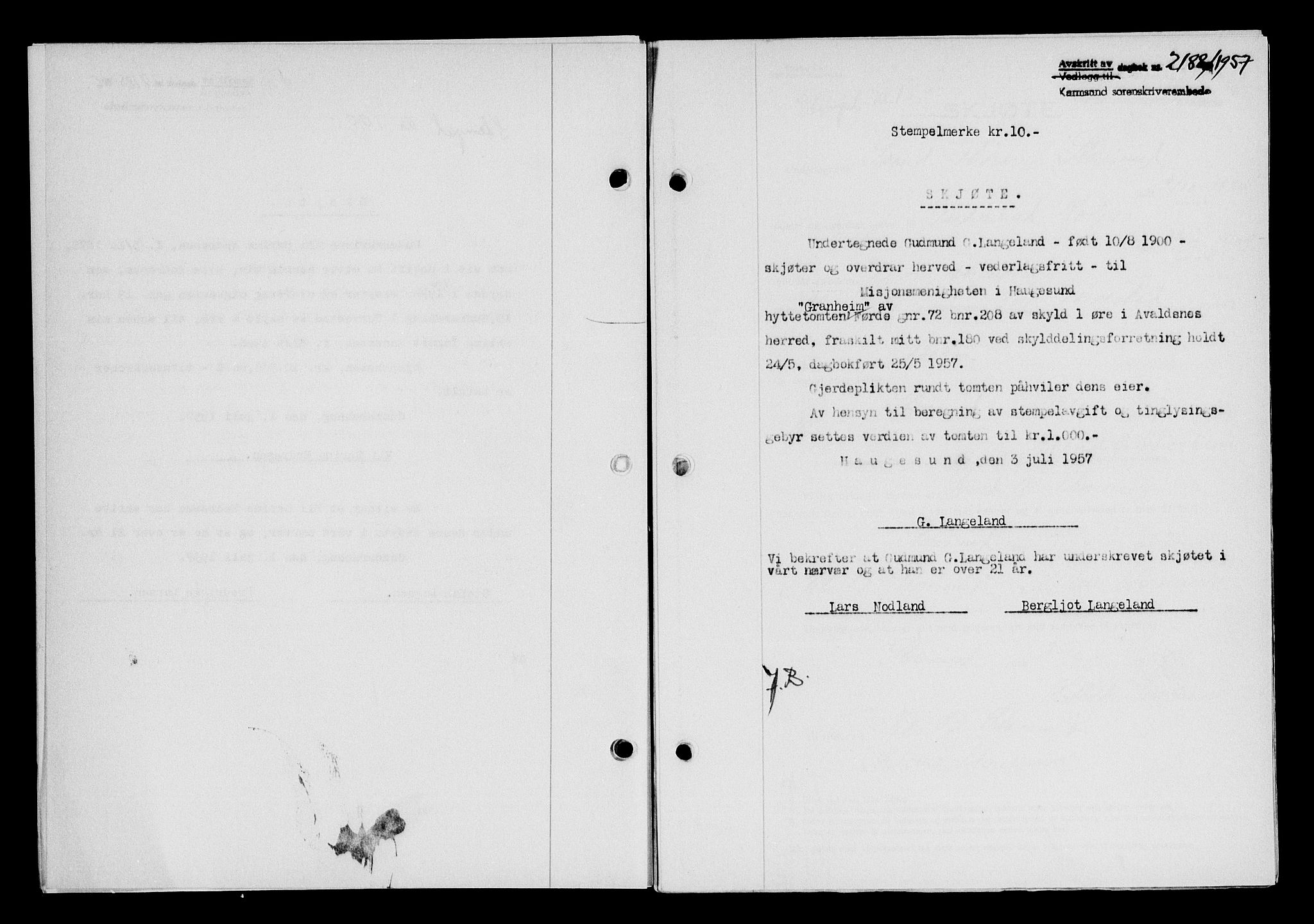 Karmsund sorenskriveri, SAST/A-100311/01/II/IIB/L0125: Pantebok nr. 105A, 1957-1957, Dagboknr: 2188/1957
