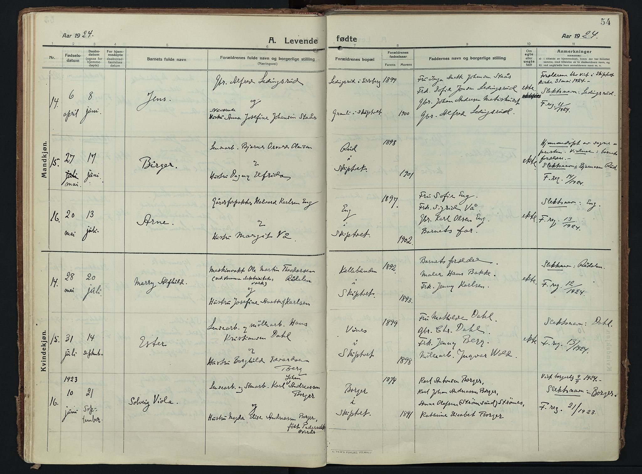 Skiptvet prestekontor Kirkebøker, AV/SAO-A-20009/F/Fa/L0012: Ministerialbok nr. 12, 1913-1924, s. 54