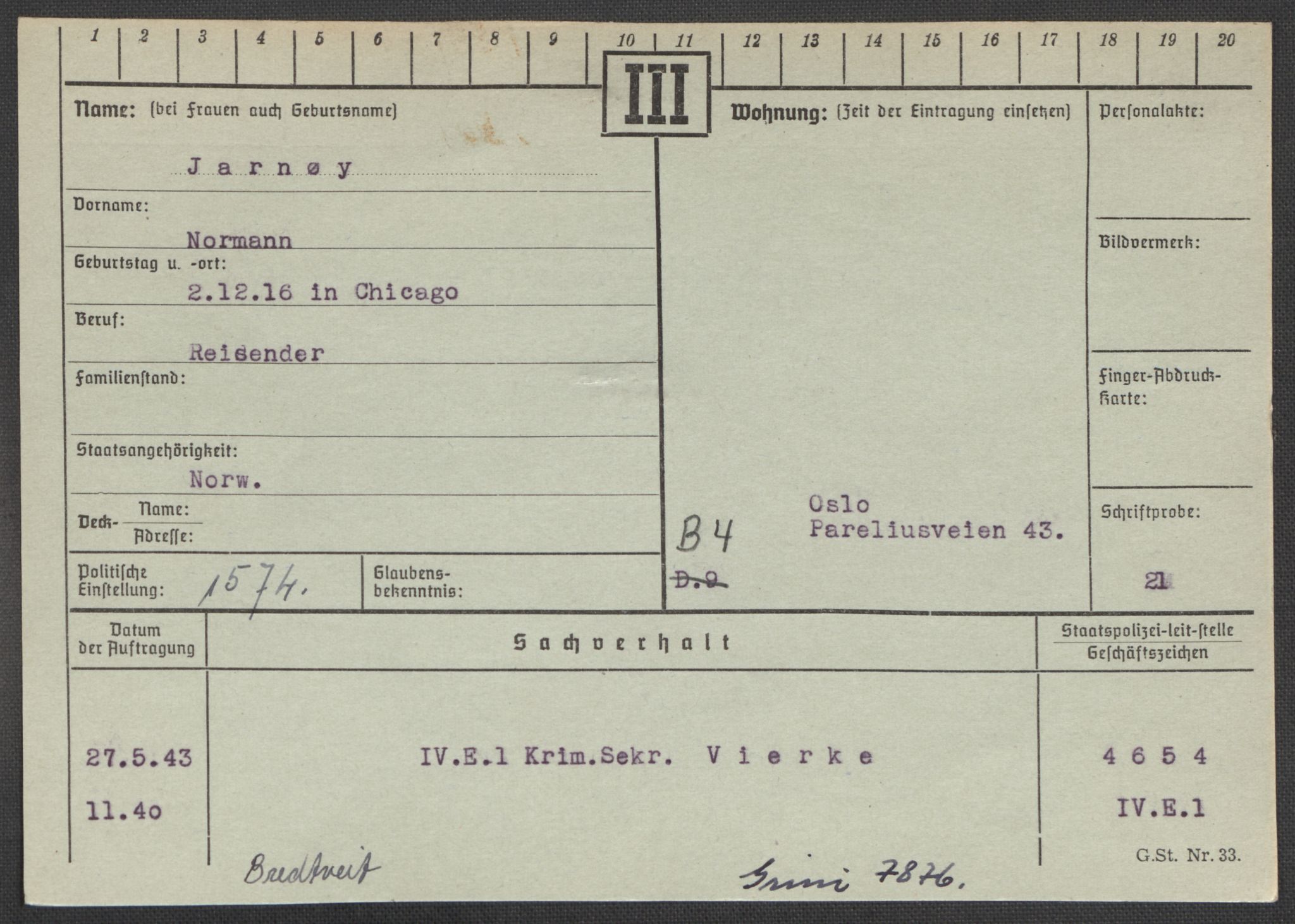 Befehlshaber der Sicherheitspolizei und des SD, AV/RA-RAFA-5969/E/Ea/Eaa/L0005: Register over norske fanger i Møllergata 19: Hø-Kj, 1940-1945, s. 399