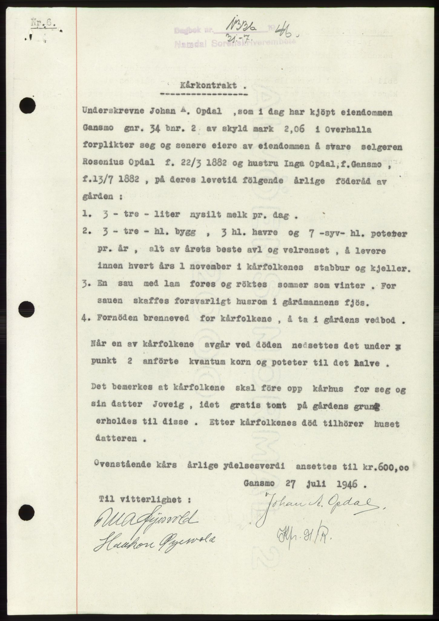 Namdal sorenskriveri, SAT/A-4133/1/2/2C: Pantebok nr. -, 1946-1946, Dagboknr: 1336/1946