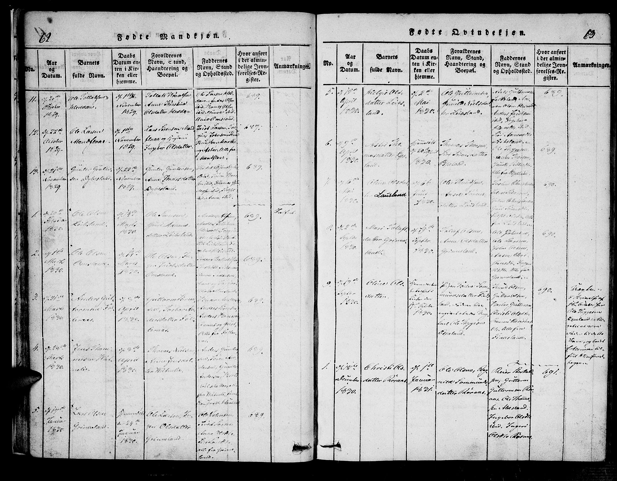 Bjelland sokneprestkontor, SAK/1111-0005/F/Fa/Fab/L0002: Ministerialbok nr. A 2, 1816-1869, s. 62-63