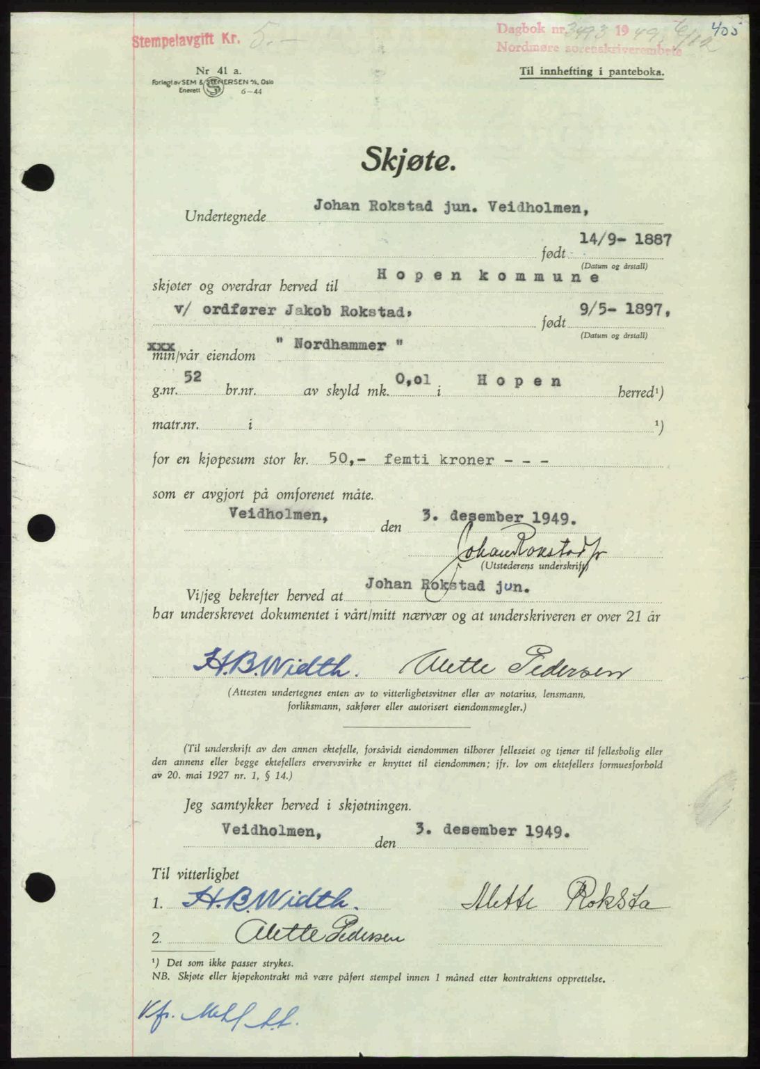 Nordmøre sorenskriveri, AV/SAT-A-4132/1/2/2Ca: Pantebok nr. A113, 1949-1950, Dagboknr: 3493/1949