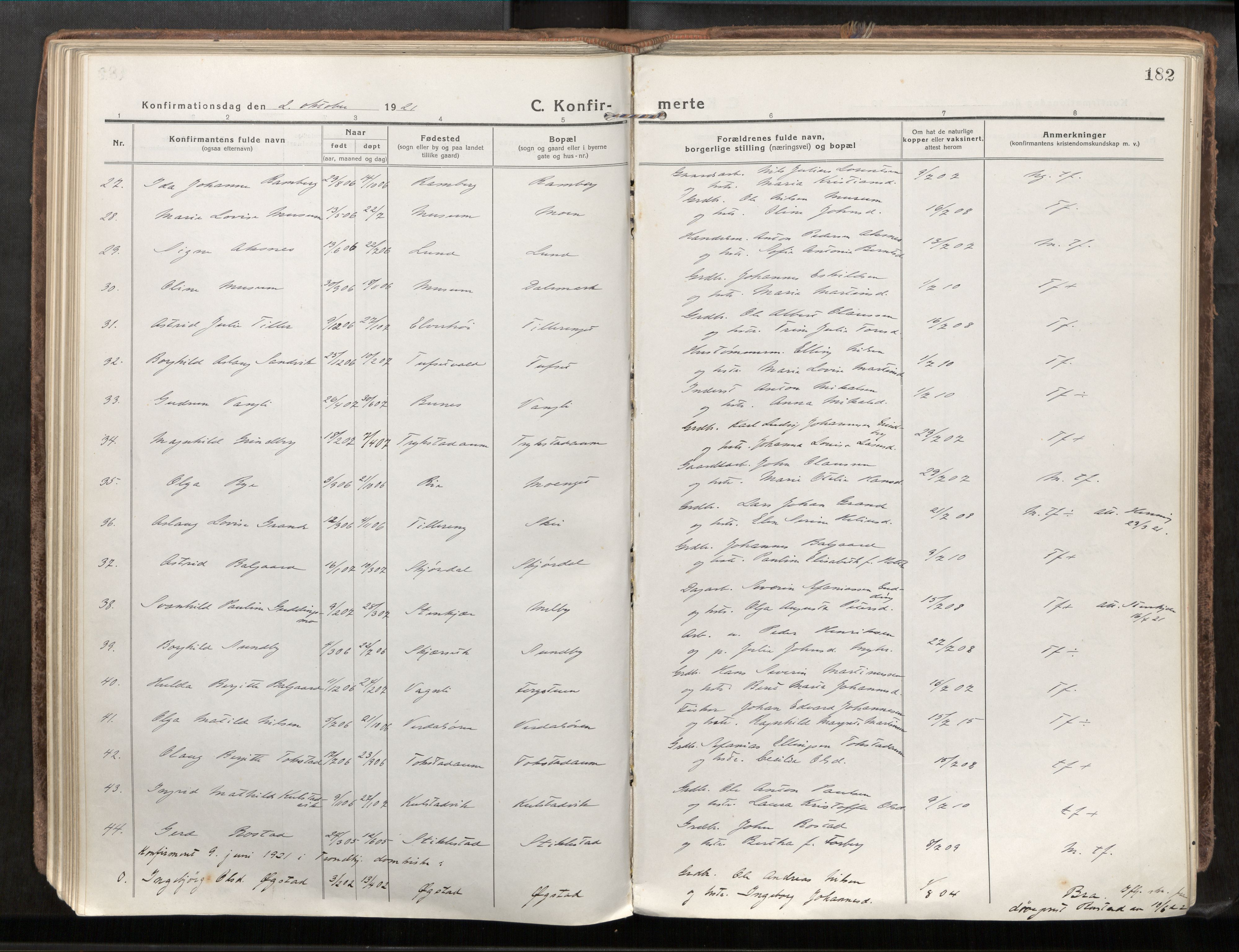 Verdal sokneprestkontor, AV/SAT-A-1156/2/H/Haa/L0001: Ministerialbok nr. 1, 1917-1932, s. 182