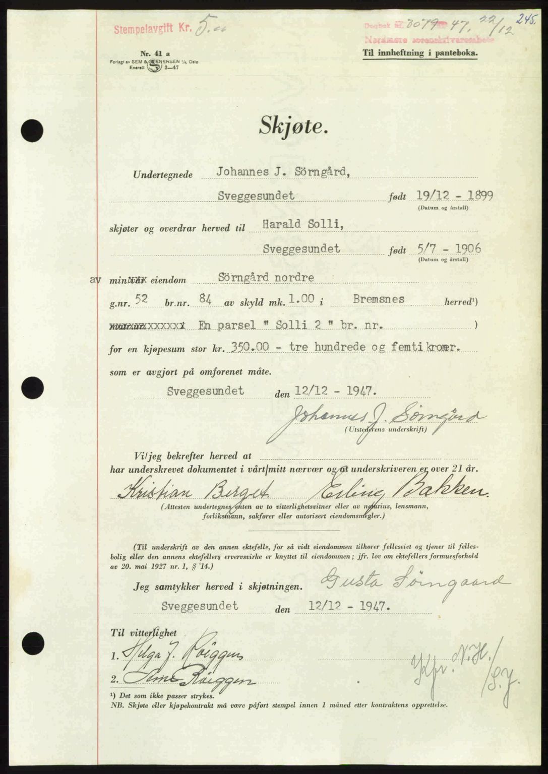 Nordmøre sorenskriveri, SAT/A-4132/1/2/2Ca: Pantebok nr. A107, 1947-1948, Dagboknr: 3079/1947