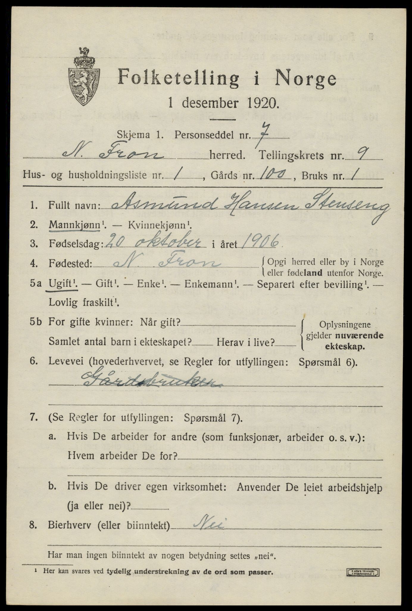 SAH, Folketelling 1920 for 0518 Nord-Fron herred, 1920, s. 7486