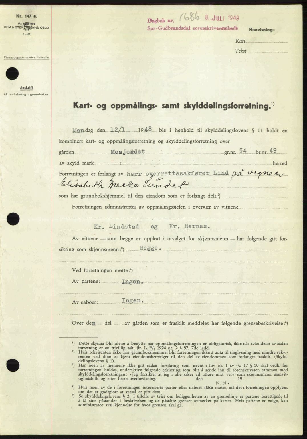 Sør-Gudbrandsdal tingrett, SAH/TING-004/H/Hb/Hbd/L0025: Pantebok nr. A25, 1949-1949, Dagboknr: 1686/1949
