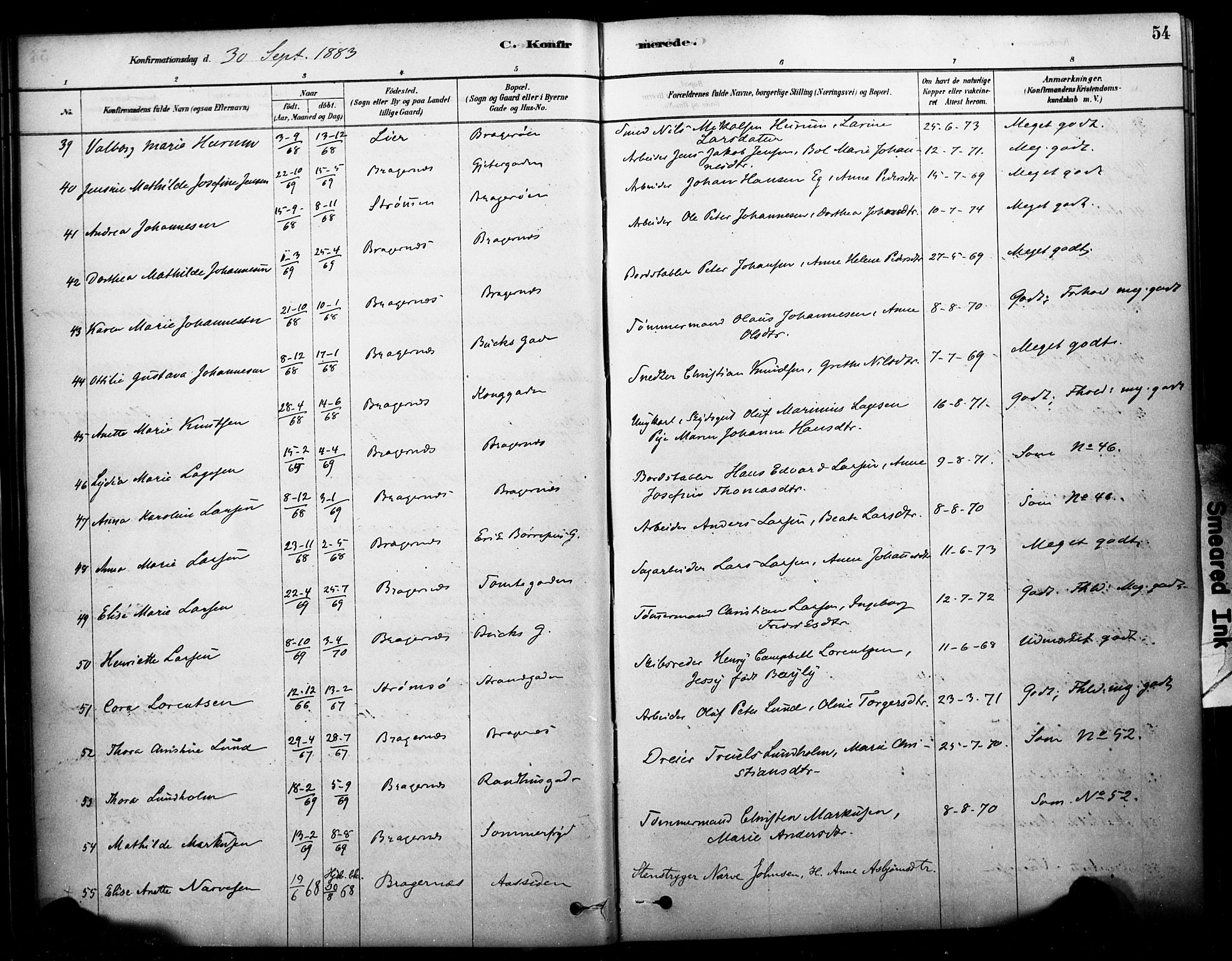 Bragernes kirkebøker, AV/SAKO-A-6/F/Fc/L0005: Ministerialbok nr. III 5, 1878-1890, s. 54