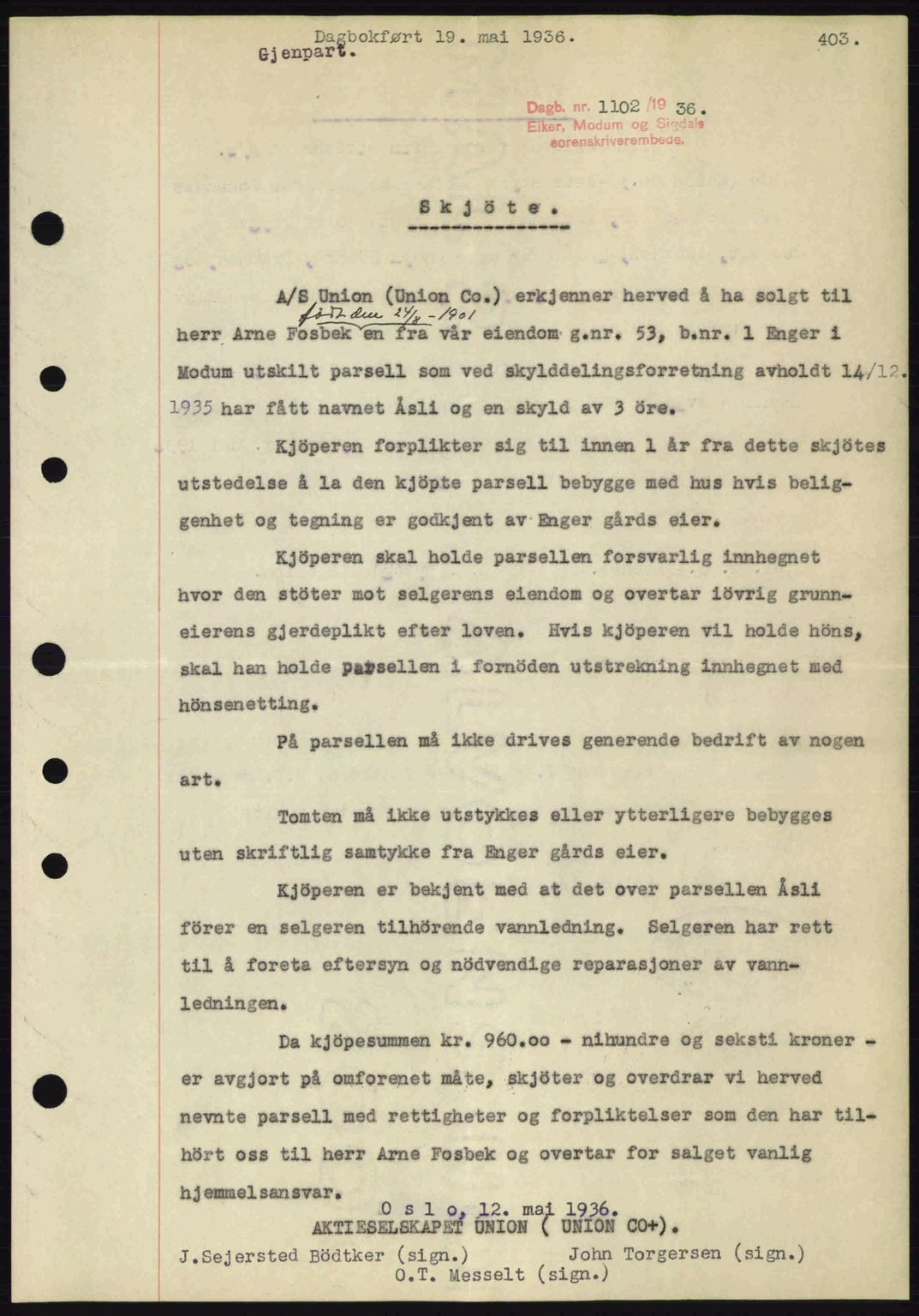 Eiker, Modum og Sigdal sorenskriveri, SAKO/A-123/G/Ga/Gab/L0032: Pantebok nr. A2, 1936-1936, Dagboknr: 1102/1936