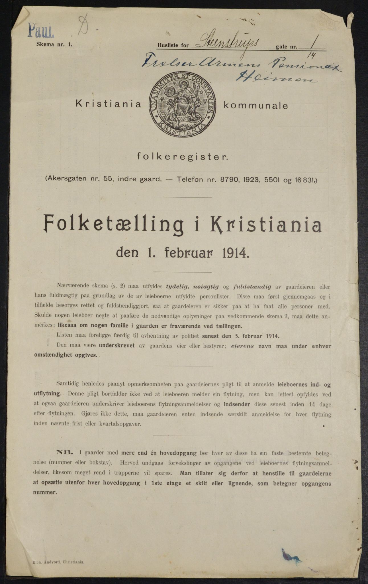 OBA, Kommunal folketelling 1.2.1914 for Kristiania, 1914, s. 100796