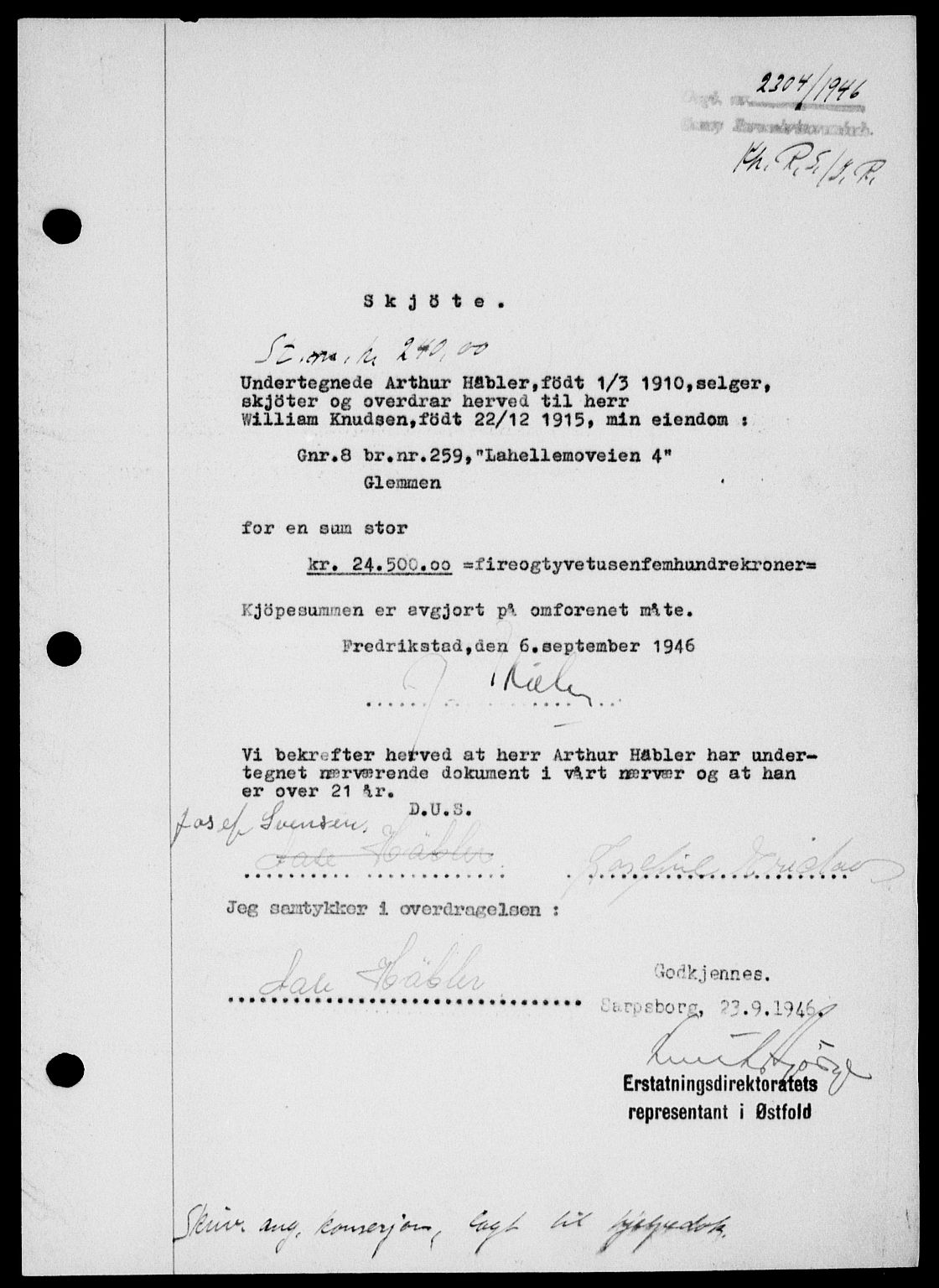 Onsøy sorenskriveri, SAO/A-10474/G/Ga/Gab/L0017: Pantebok nr. II A-17, 1946-1946, Dagboknr: 2304/1946