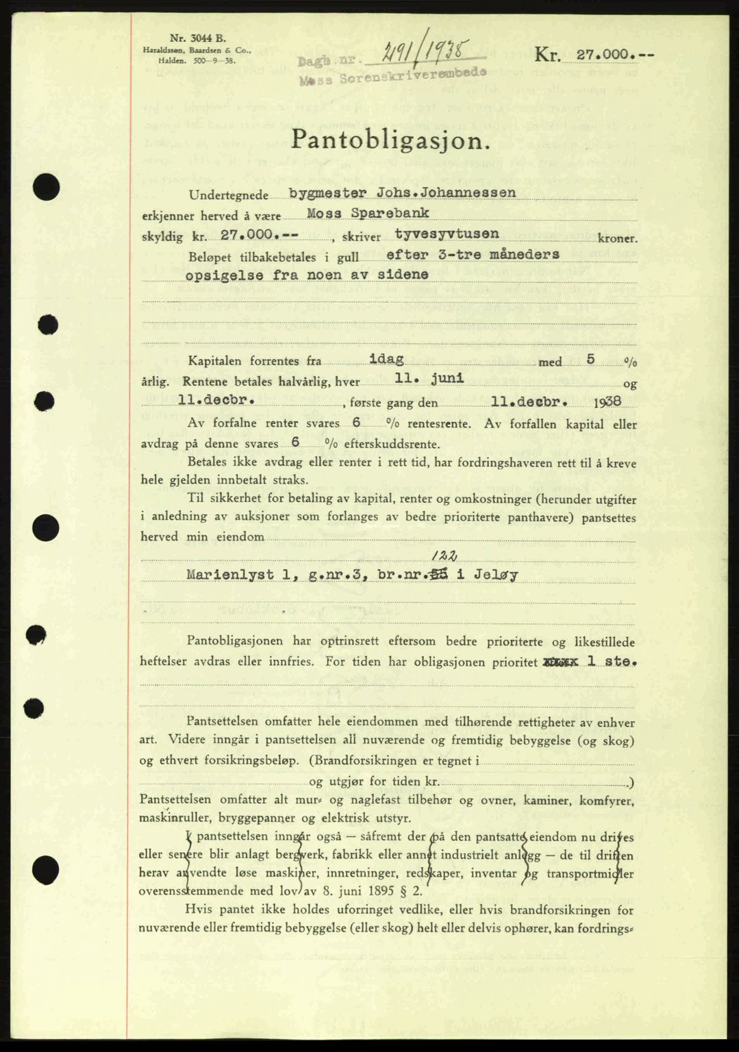 Moss sorenskriveri, SAO/A-10168: Pantebok nr. B6, 1938-1938, Dagboknr: 2191/1938