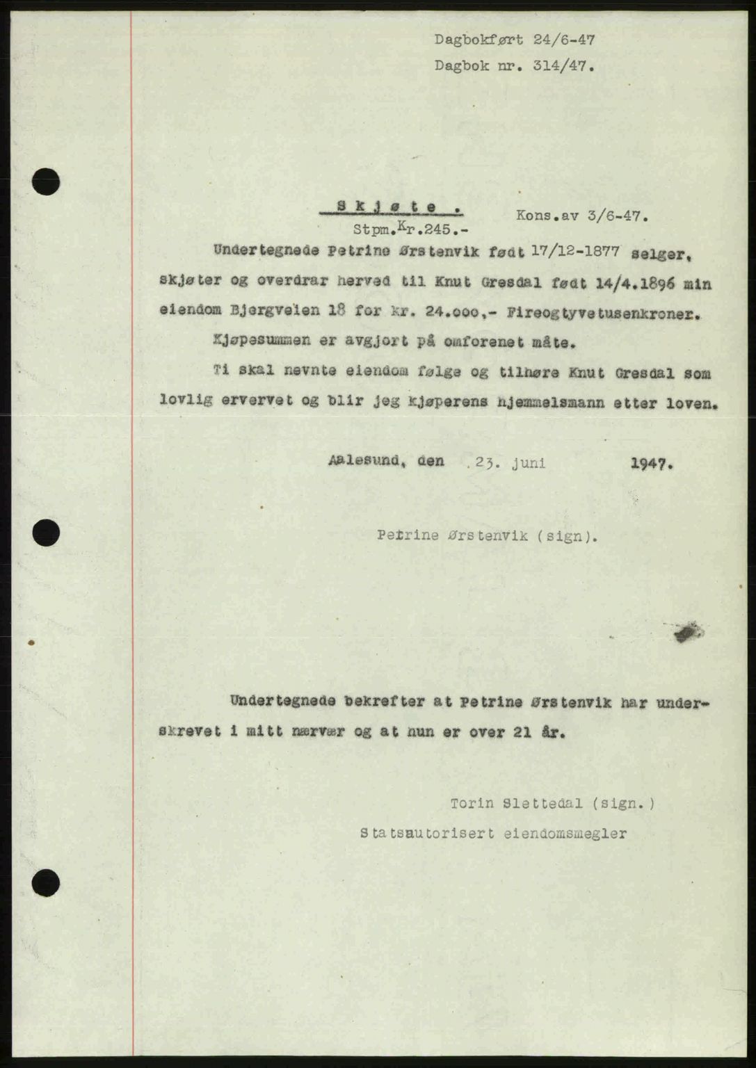 Ålesund byfogd, AV/SAT-A-4384: Pantebok nr. 37A (1), 1947-1949, Dagboknr: 314/1947