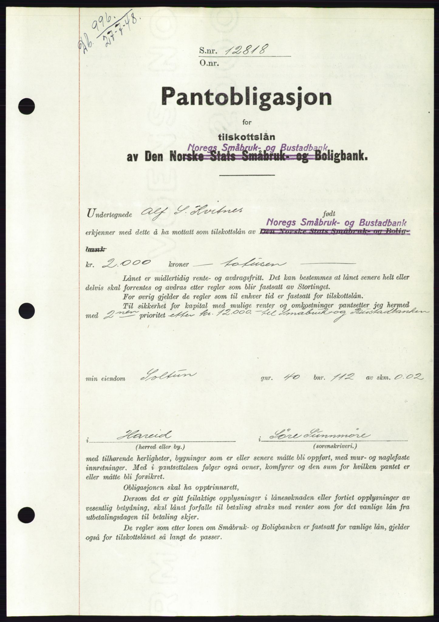 Søre Sunnmøre sorenskriveri, AV/SAT-A-4122/1/2/2C/L0116: Pantebok nr. 4B, 1948-1949, Dagboknr: 996/1948