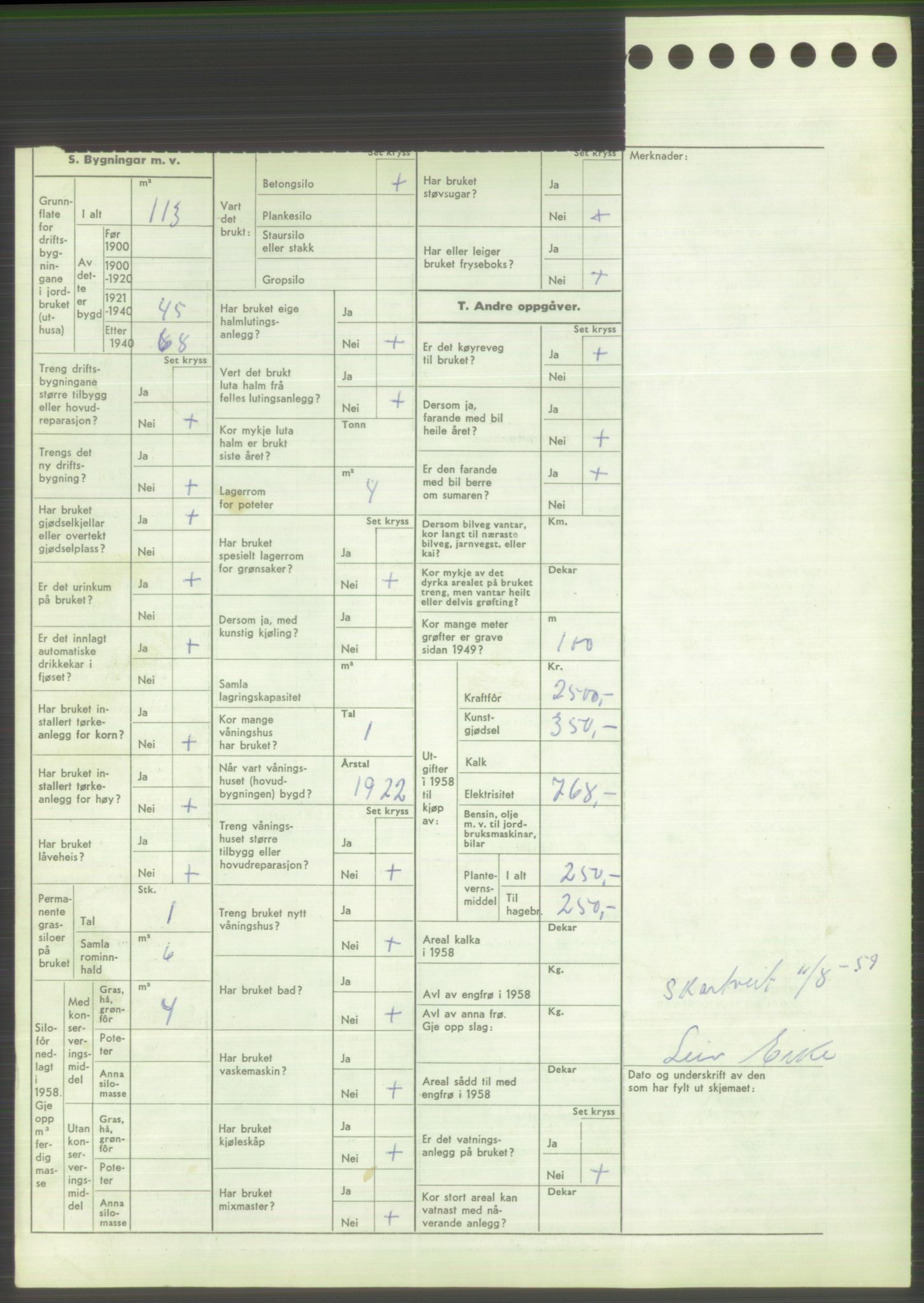 Statistisk sentralbyrå, Næringsøkonomiske emner, Jordbruk, skogbruk, jakt, fiske og fangst, AV/RA-S-2234/G/Gd/L0373: Rogaland: 1130 Strand (kl. 1-2), 1131 Årdal og 1132 Fister, 1959, s. 1780