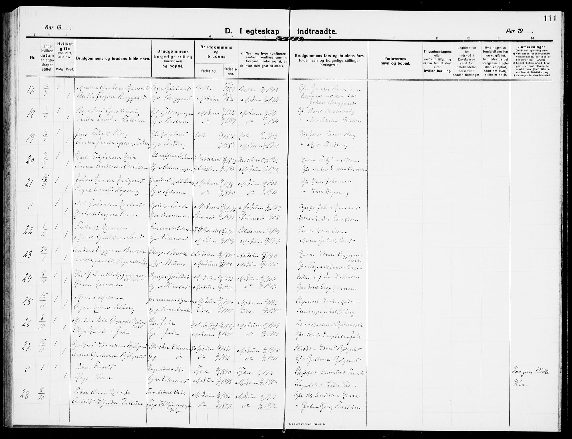 Modum kirkebøker, AV/SAKO-A-234/G/Ga/L0010: Klokkerbok nr. I 10, 1909-1923, s. 111